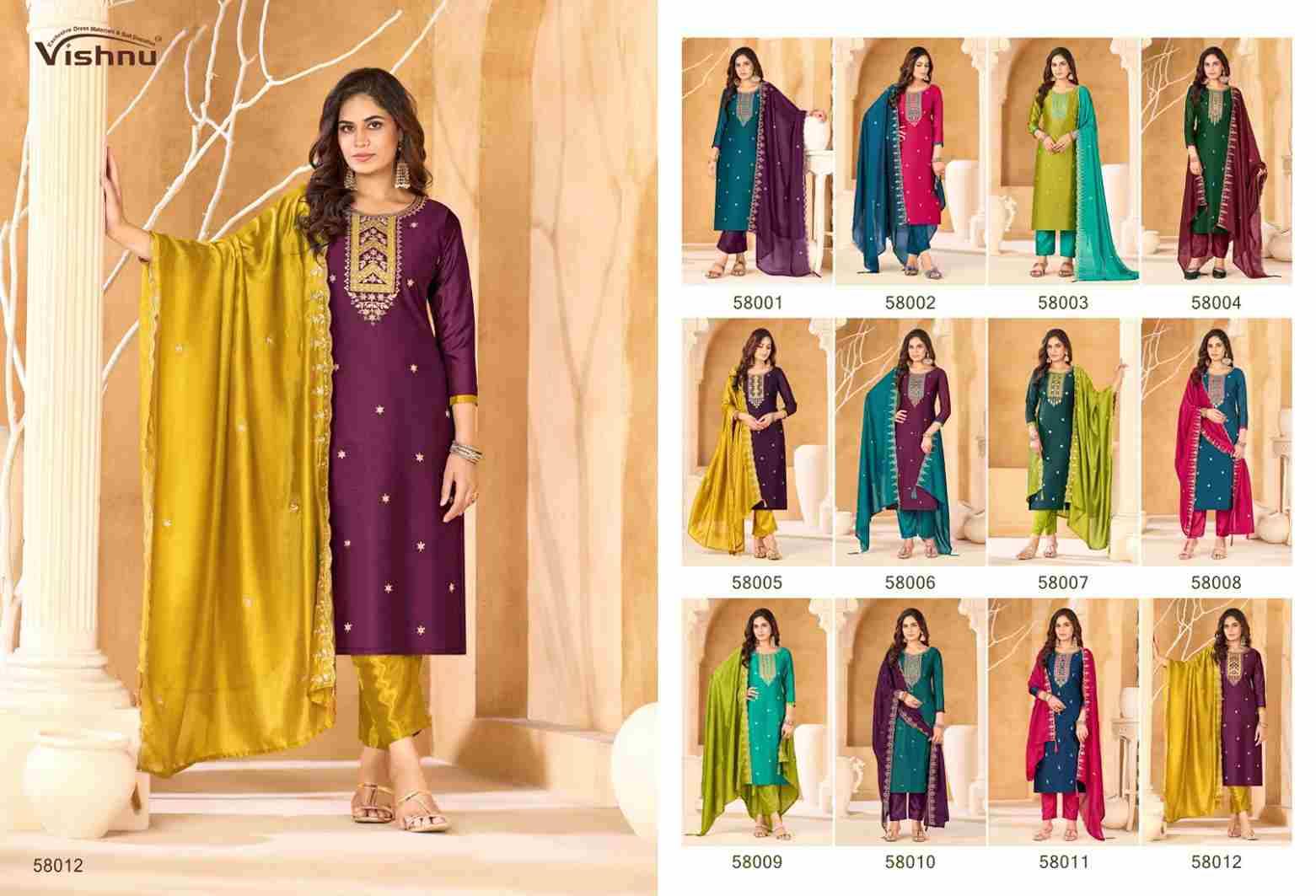 Sukanya By Vishnu 58001 To 58012 Series Beautiful Stylish Festive Suits Fancy Colorful Casual Wear & Ethnic Wear & Ready To Wear Vichitra Silk Dresses At Wholesale Price