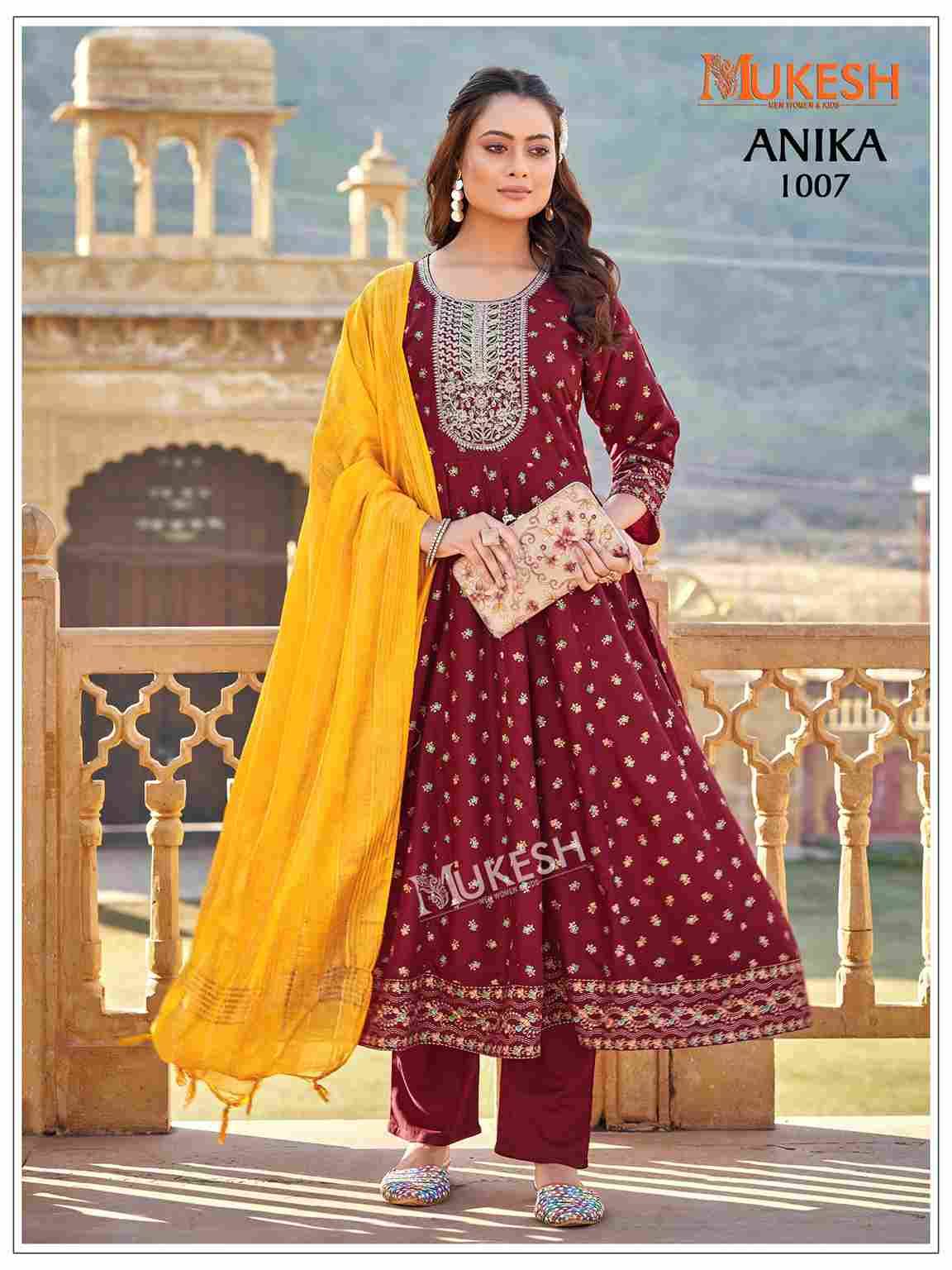 Anika By Mukesh 1001 To 1008 Series Beautiful Anarkali Suits Stylish Fancy Colorful Casual Wear & Ethnic Wear Pure Rayon Print Dresses At Wholesale Price