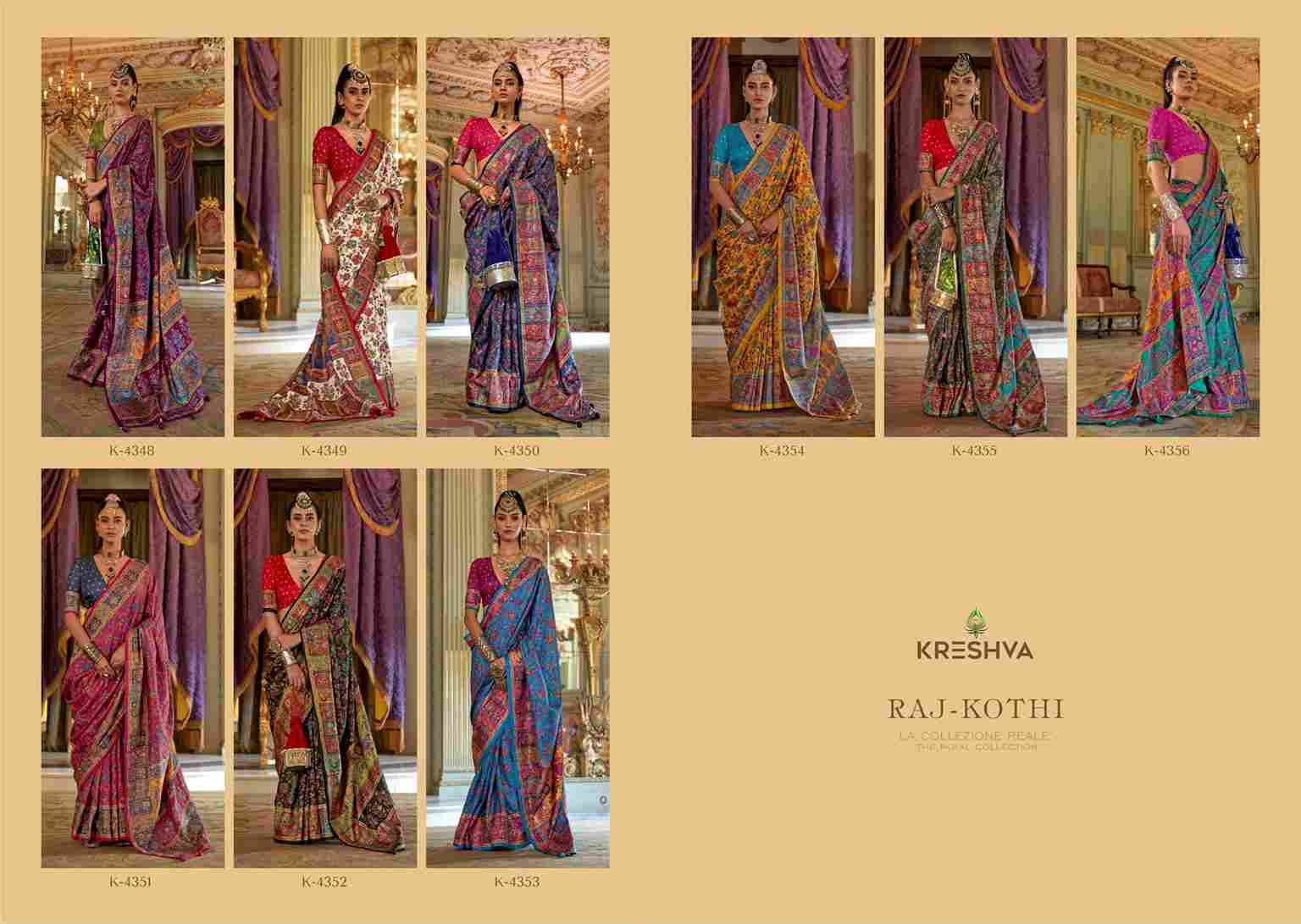 Raj-Kothi By Kreshva 4348 To 4356 Series Indian Traditional Wear Collection Beautiful Stylish Fancy Colorful Party Wear & Occasional Wear Silk Sarees At Wholesale Price