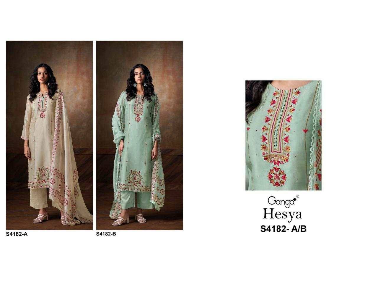 Hesya-4182 By Ganga Fashion 4182-A To 4182-B Series Beautiful Festive Suits Stylish Colorful Fancy Casual Wear & Ethnic Wear Premium Bemberg Silk Satin Print Dresses At Wholesale Price