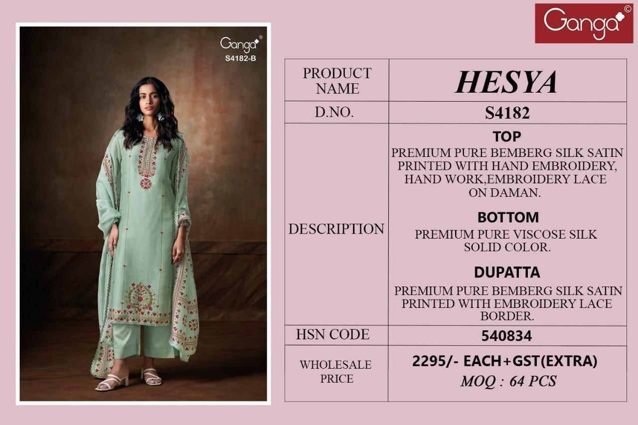 Hesya-4182 By Ganga Fashion 4182-A To 4182-B Series Beautiful Festive Suits Stylish Colorful Fancy Casual Wear & Ethnic Wear Premium Bemberg Silk Satin Print Dresses At Wholesale Price