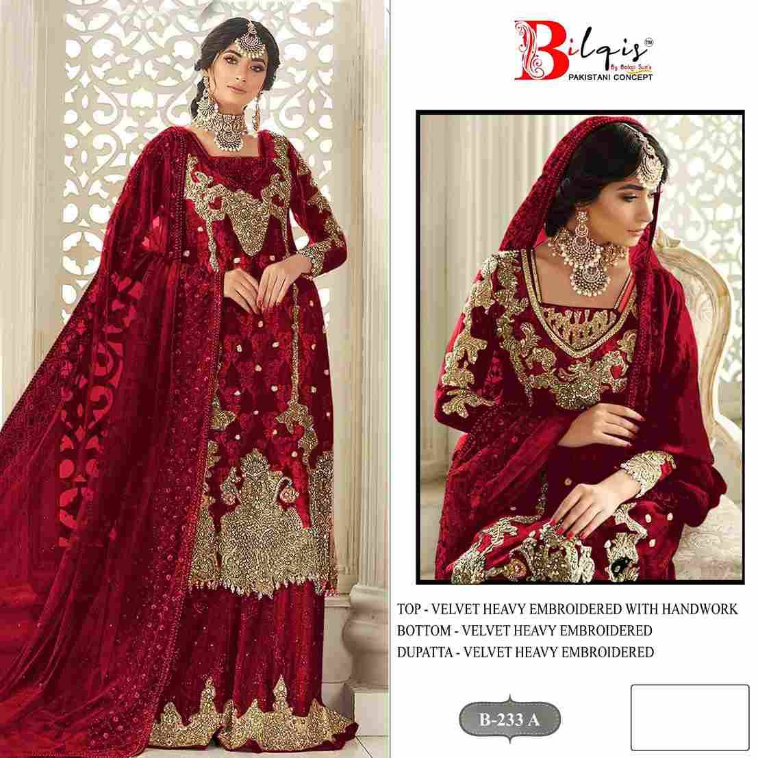 Bilqis 233 Colours By Bilqis 233-A To 233-D Series Beautiful Pakistani Suits Stylish Fancy Colorful Party Wear & Occasional Wear Velvet Embroidery Dresses At Wholesale Price