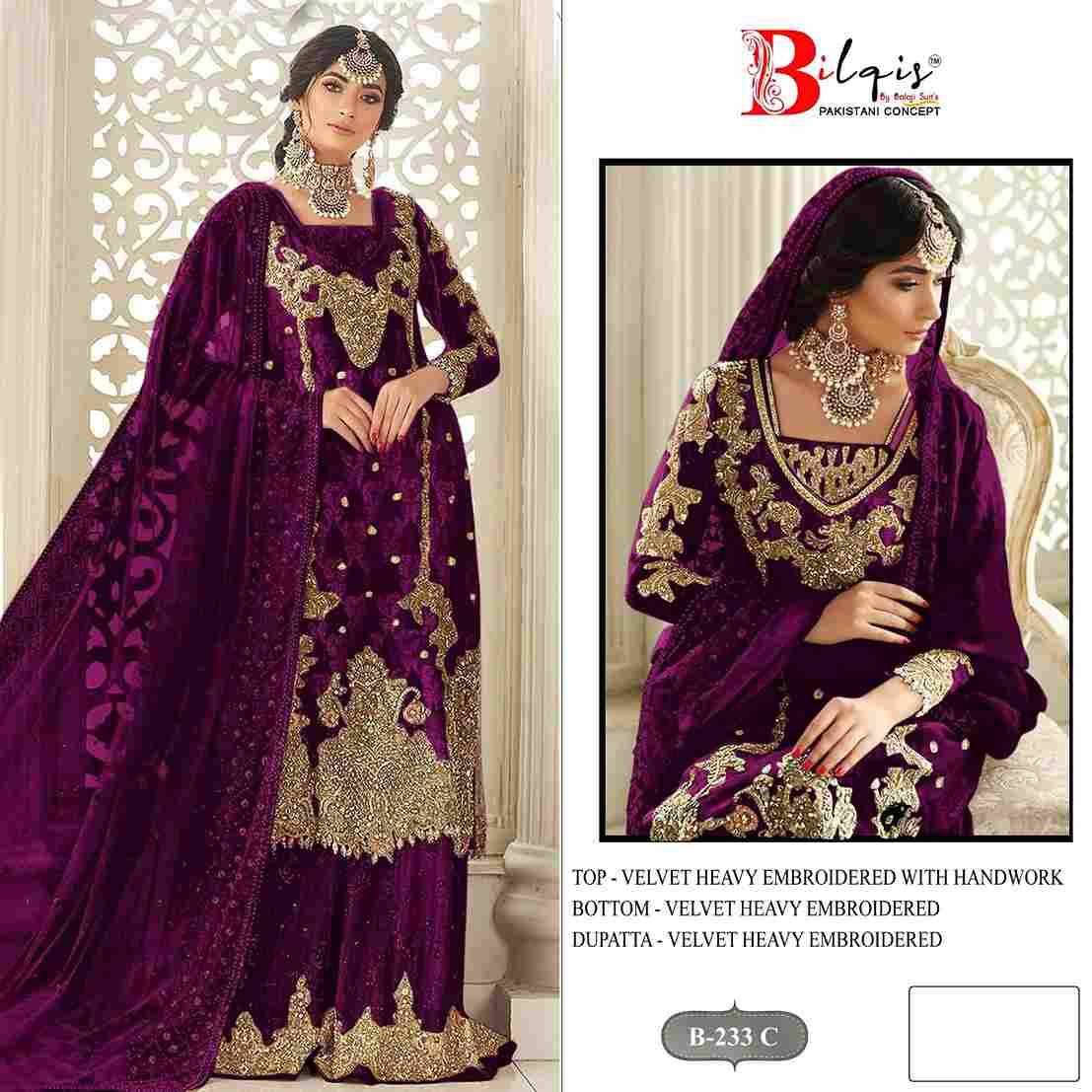 Bilqis 233 Colours By Bilqis 233-A To 233-D Series Beautiful Pakistani Suits Stylish Fancy Colorful Party Wear & Occasional Wear Velvet Embroidery Dresses At Wholesale Price