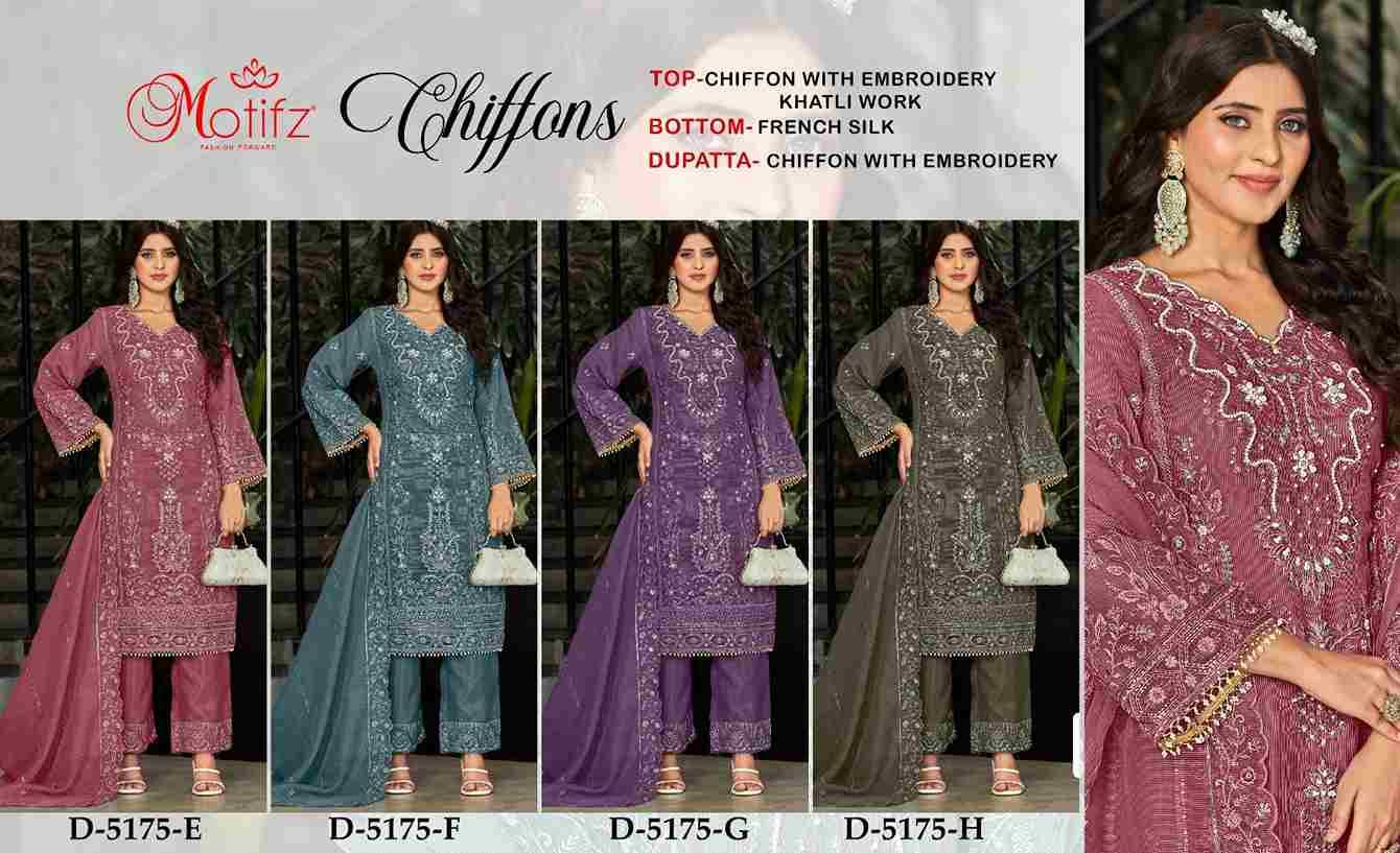 Motifz Hit Design 5175 Colours Vol-2 By Motifz 5175-E To 5175-H Series Beautiful Pakistani Suits Colorful Stylish Fancy Casual Wear & Ethnic Wear Chiffon Dresses At Wholesale Price
