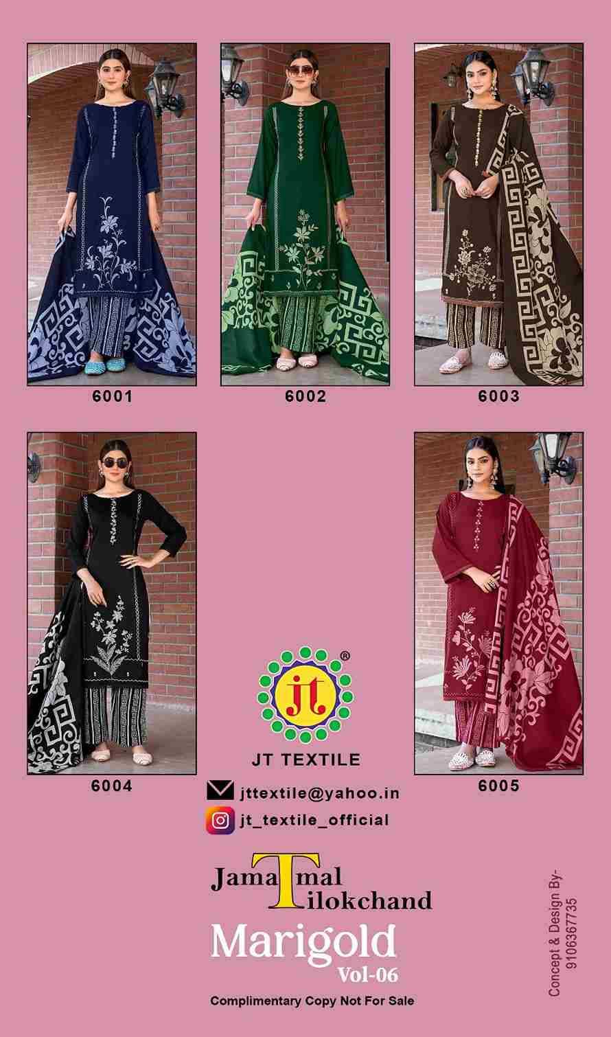 Marigold Vol-6 By JT 6001 To 6005 Series Beautiful Festive Suits Colorful Stylish Fancy Casual Wear & Ethnic Wear Rayon Dresses At Wholesale Price