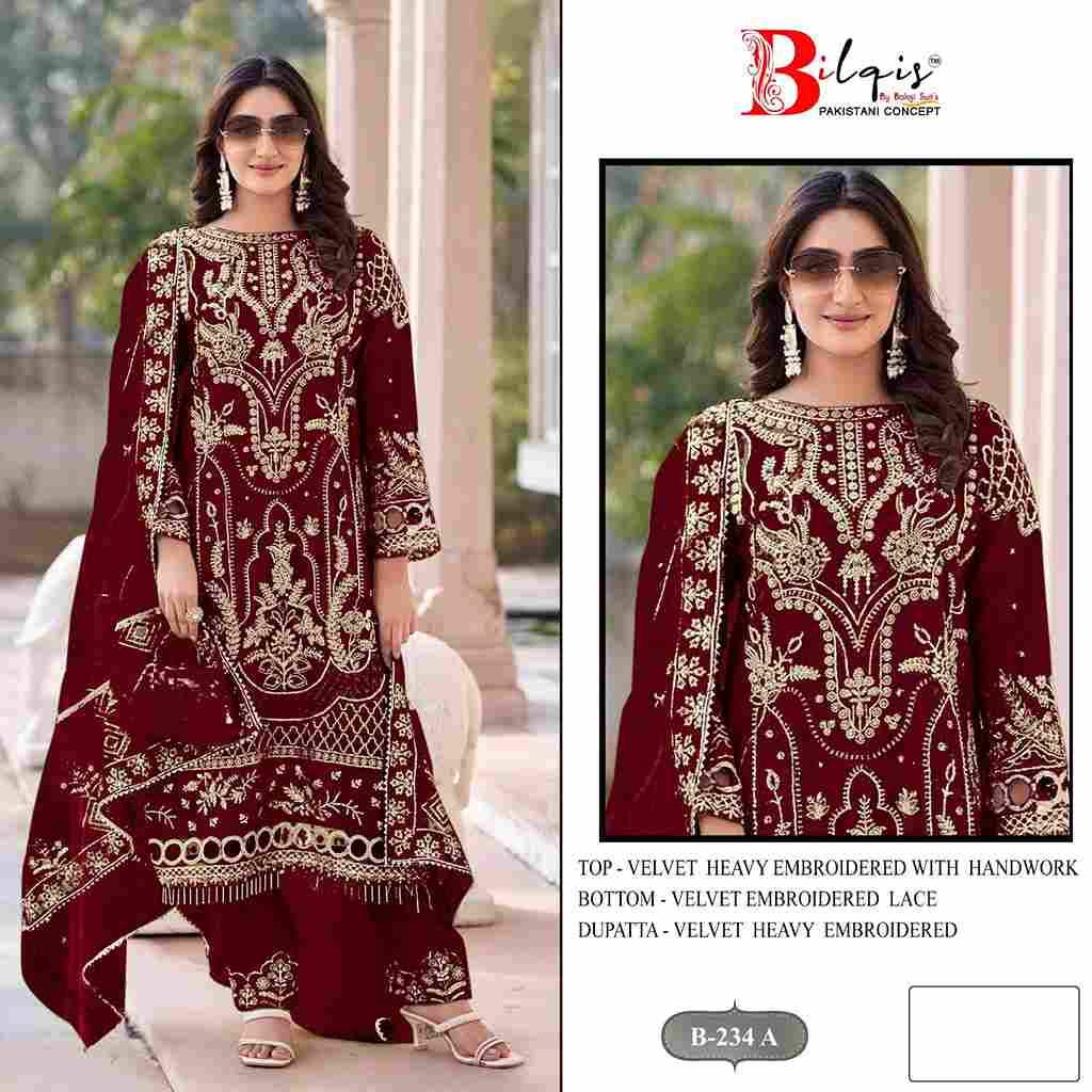 Bilqis 234 Colours By Bilqis 234-A To 234-D Series Beautiful Pakistani Suits Stylish Fancy Colorful Party Wear & Occasional Wear Velvet Embroidery Dresses At Wholesale Price