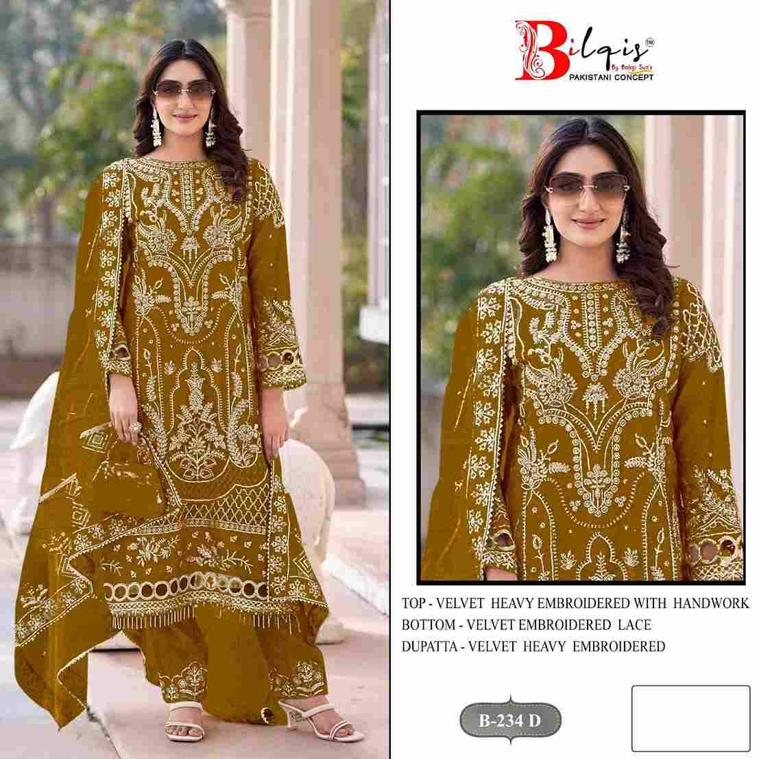 Bilqis 234 Colours By Bilqis 234-A To 234-D Series Beautiful Pakistani Suits Stylish Fancy Colorful Party Wear & Occasional Wear Velvet Embroidery Dresses At Wholesale Price