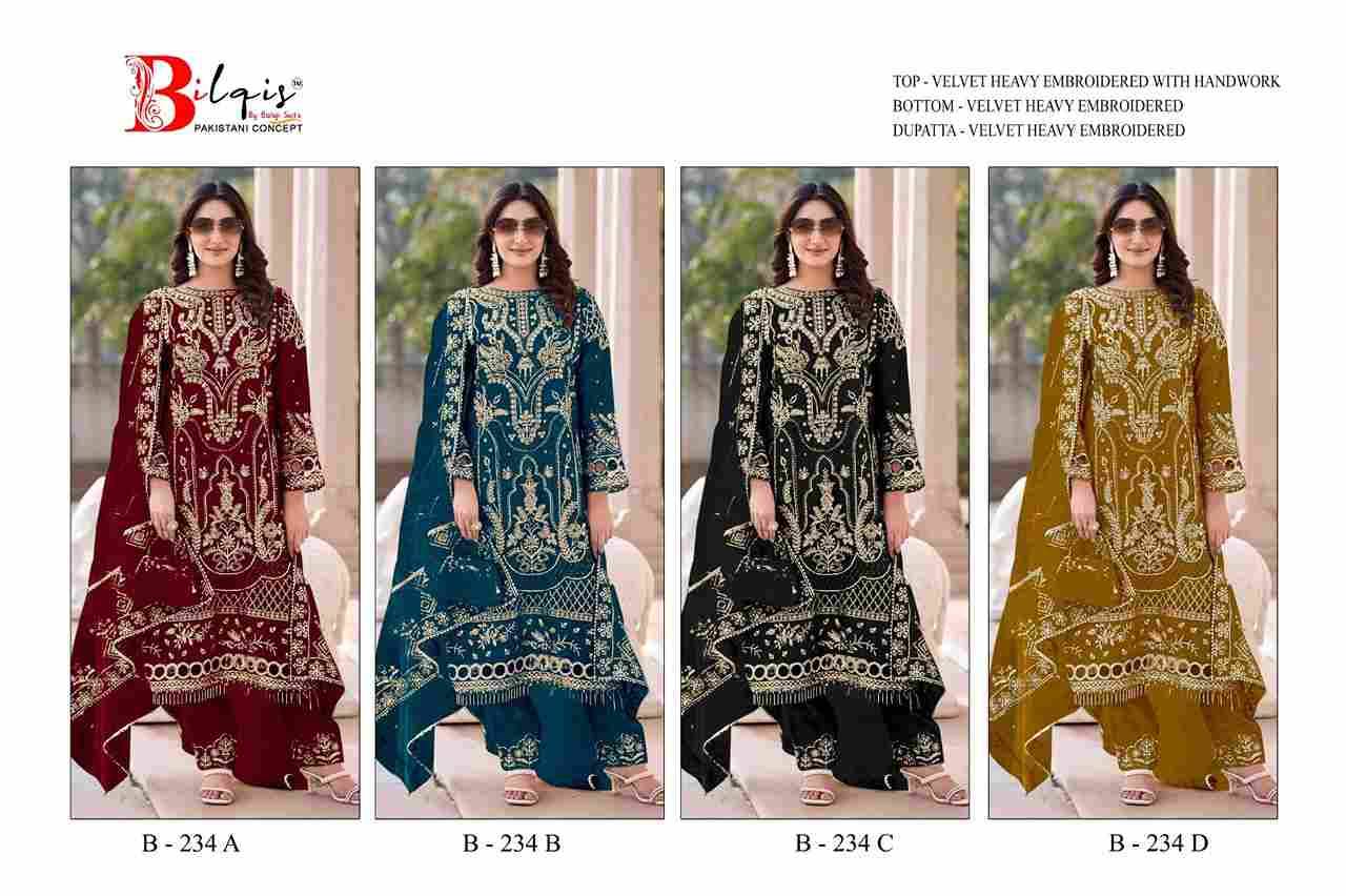 Bilqis 234 Colours By Bilqis 234-A To 234-D Series Beautiful Pakistani Suits Stylish Fancy Colorful Party Wear & Occasional Wear Velvet Embroidery Dresses At Wholesale Price