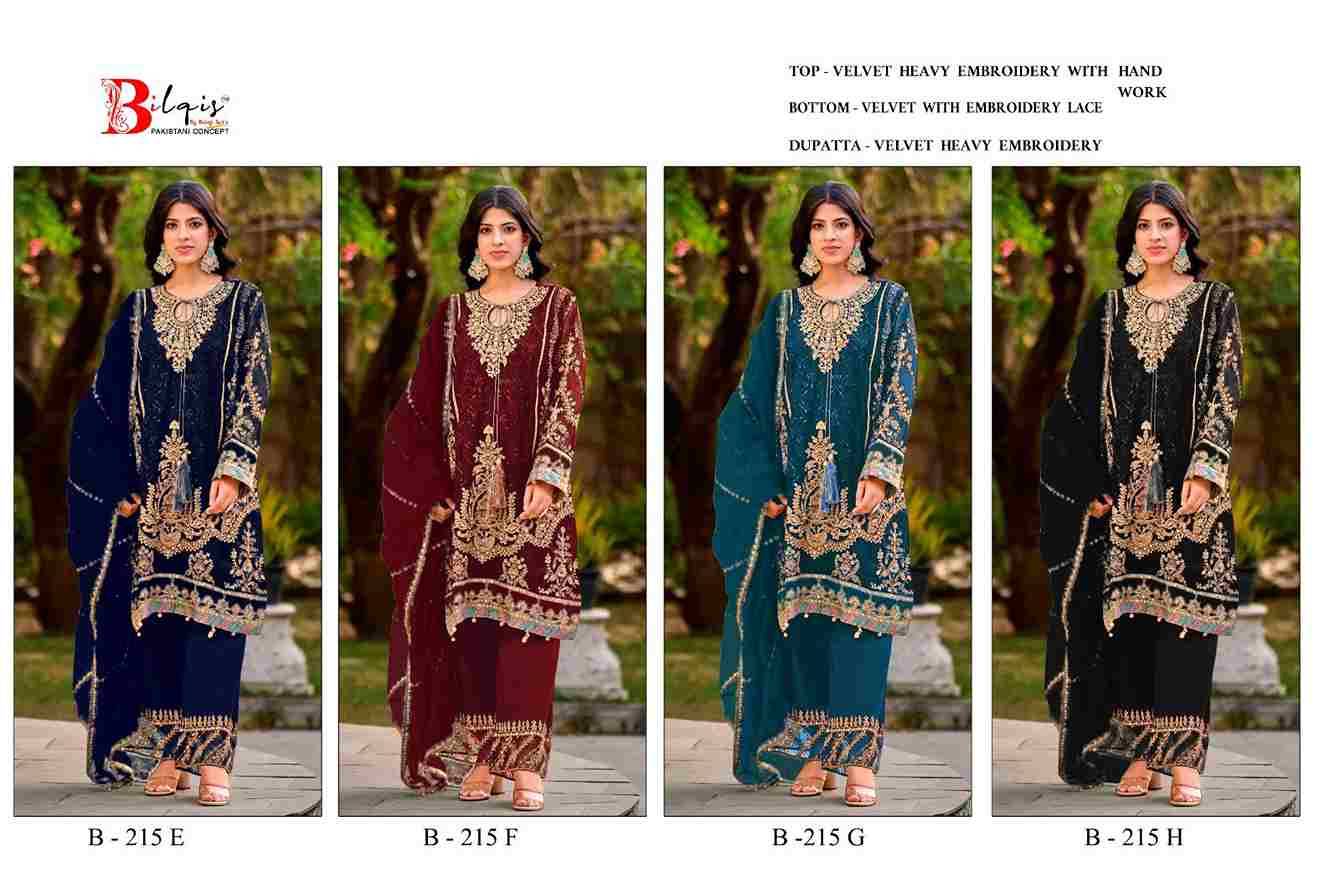 Bilqis 215 Colours Vol-2 By Bilqis 215-E To 215-H Series Beautiful Pakistani Suits Stylish Fancy Colorful Party Wear & Occasional Wear Velvet Embroidery Dresses At Wholesale Price