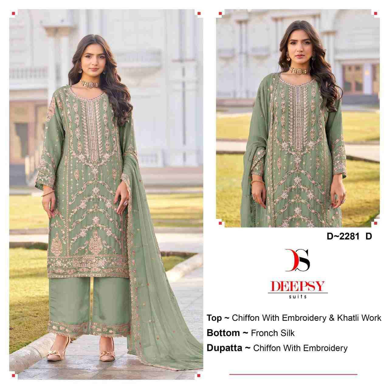 Deepsy Hit Design 2281 Colours By Deepsy Suits 2281-A To 2281-D Series Pakistani Stylish Beautiful Colourful Printed & Embroidered Party Wear & Occasional Wear Chiffon Dresses At Wholesale Price
