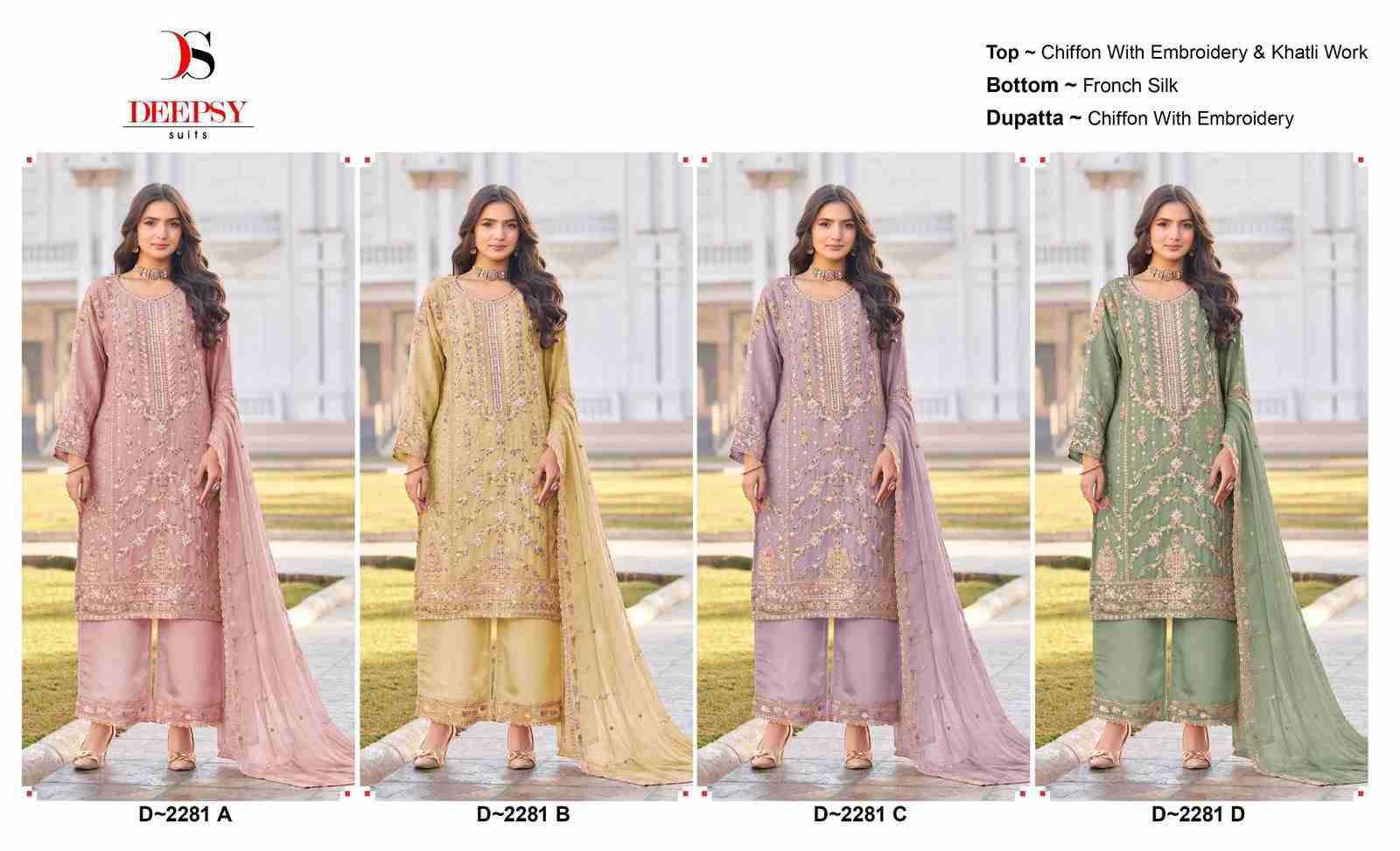 Deepsy Hit Design 2281 Colours By Deepsy Suits 2281-A To 2281-D Series Pakistani Stylish Beautiful Colourful Printed & Embroidered Party Wear & Occasional Wear Chiffon Dresses At Wholesale Price