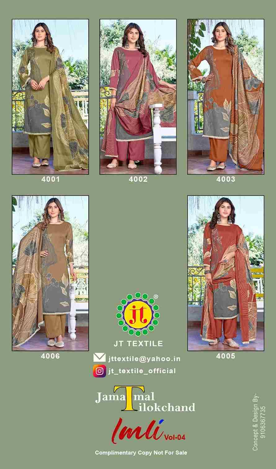 Imli Vol-4 By JT 4001 To 4005 Series Beautiful Festive Suits Colorful Stylish Fancy Casual Wear & Ethnic Wear Rayon Dresses At Wholesale Price