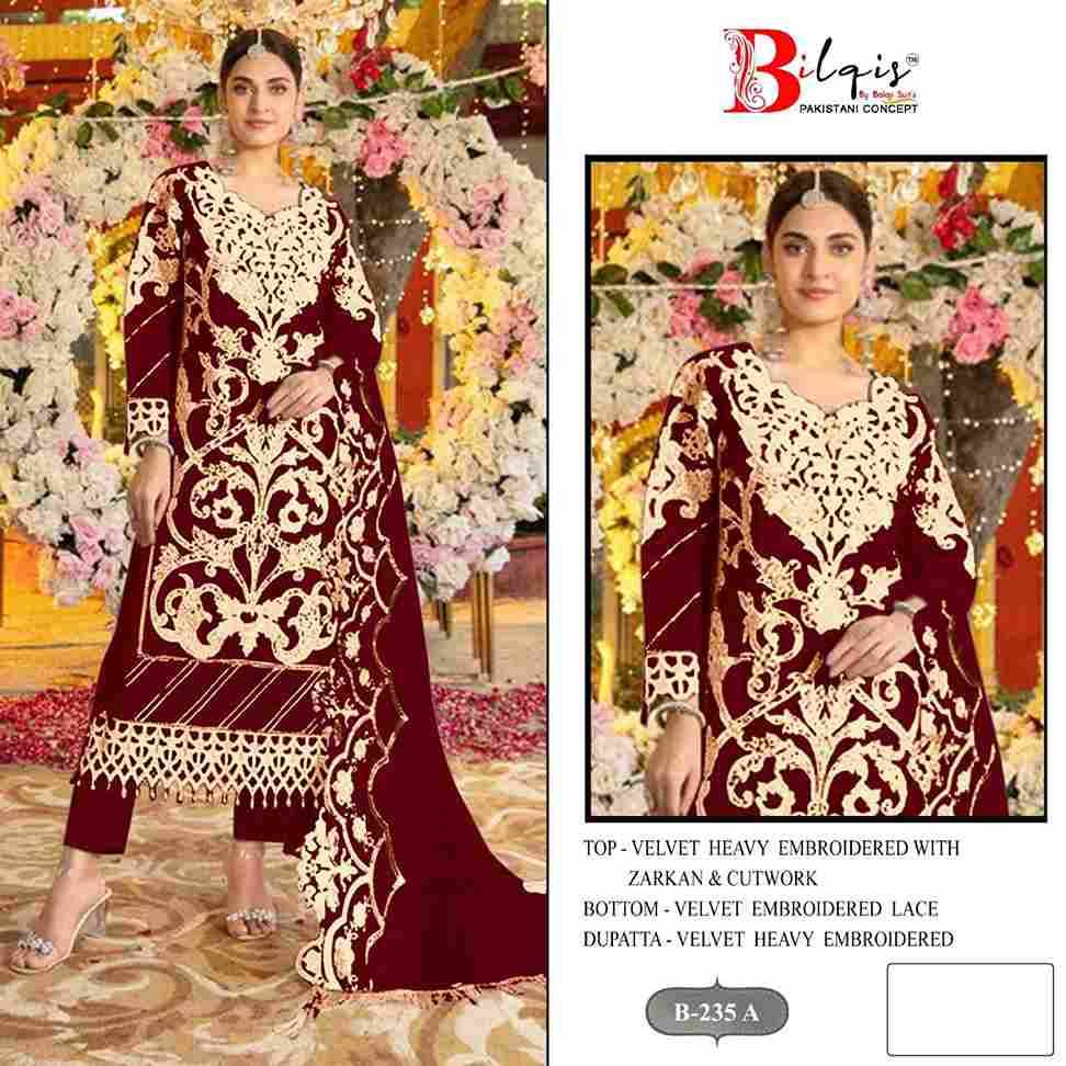 Bilqis 235 Colours By Bilqis 235-A To 235-D Series Beautiful Pakistani Suits Stylish Fancy Colorful Party Wear & Occasional Wear Velvet Embroidery Dresses At Wholesale Price