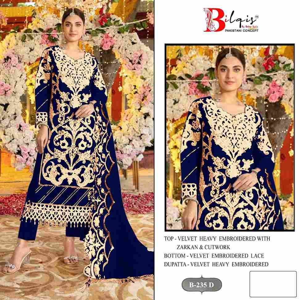 Bilqis 235 Colours By Bilqis 235-A To 235-D Series Beautiful Pakistani Suits Stylish Fancy Colorful Party Wear & Occasional Wear Velvet Embroidery Dresses At Wholesale Price