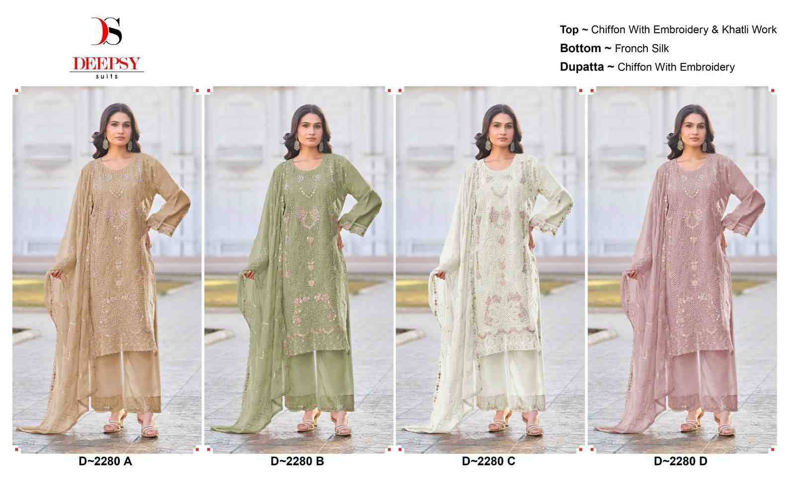 Deepsy Hit Design 2280 Colours By Deepsy Suits 2280-A To 2280-D Series Pakistani Stylish Beautiful Colourful Printed & Embroidered Party Wear & Occasional Wear Chiffon Dresses At Wholesale Price