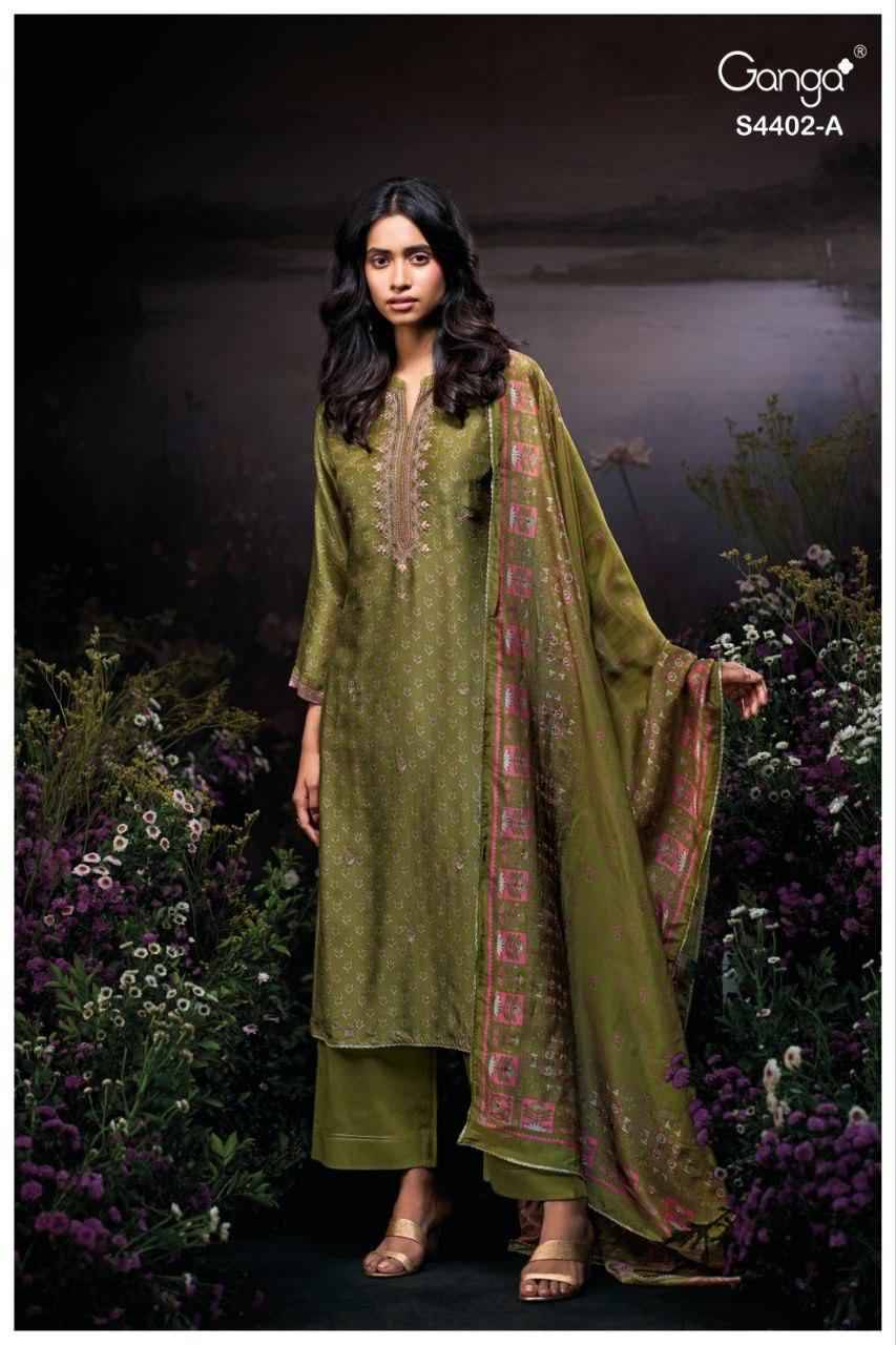 Aarika-4402 By Ganga Fashion 4402-A To 4402-B Series Beautiful Festive Suits Stylish Colorful Fancy Casual Wear & Ethnic Wear Premium Bemberg Silk Print Dresses At Wholesale Price