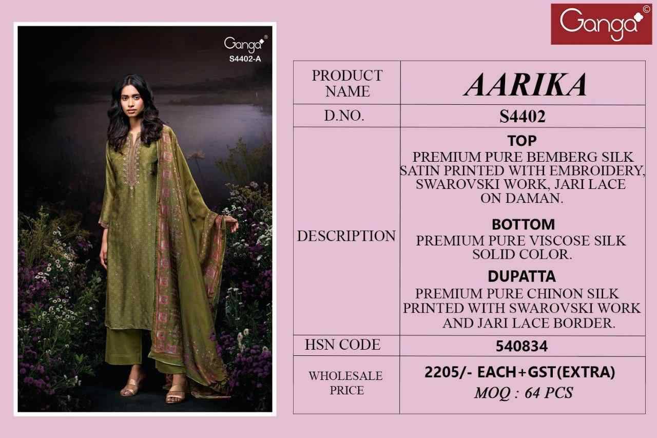 Aarika-4402 By Ganga Fashion 4402-A To 4402-B Series Beautiful Festive Suits Stylish Colorful Fancy Casual Wear & Ethnic Wear Premium Bemberg Silk Print Dresses At Wholesale Price