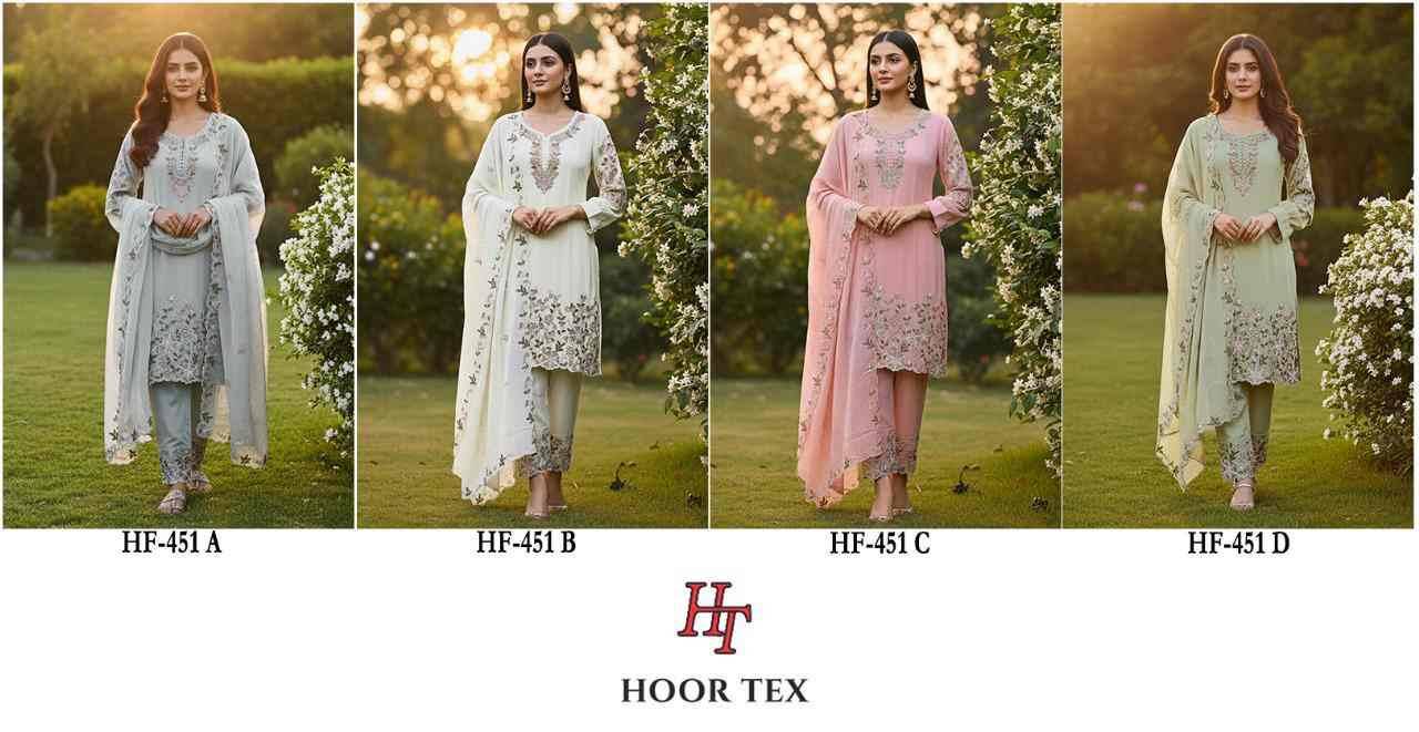 Hoor Tex Hit Design HF-451 Colours By Hoor Tex HF-451-A To HF-451-D Series Designer Festive Pakistani Suits Collection Beautiful Stylish Fancy Colorful Party Wear & Occasional Wear Heavy Georgette With Embroidered Dresses At Wholesale Price