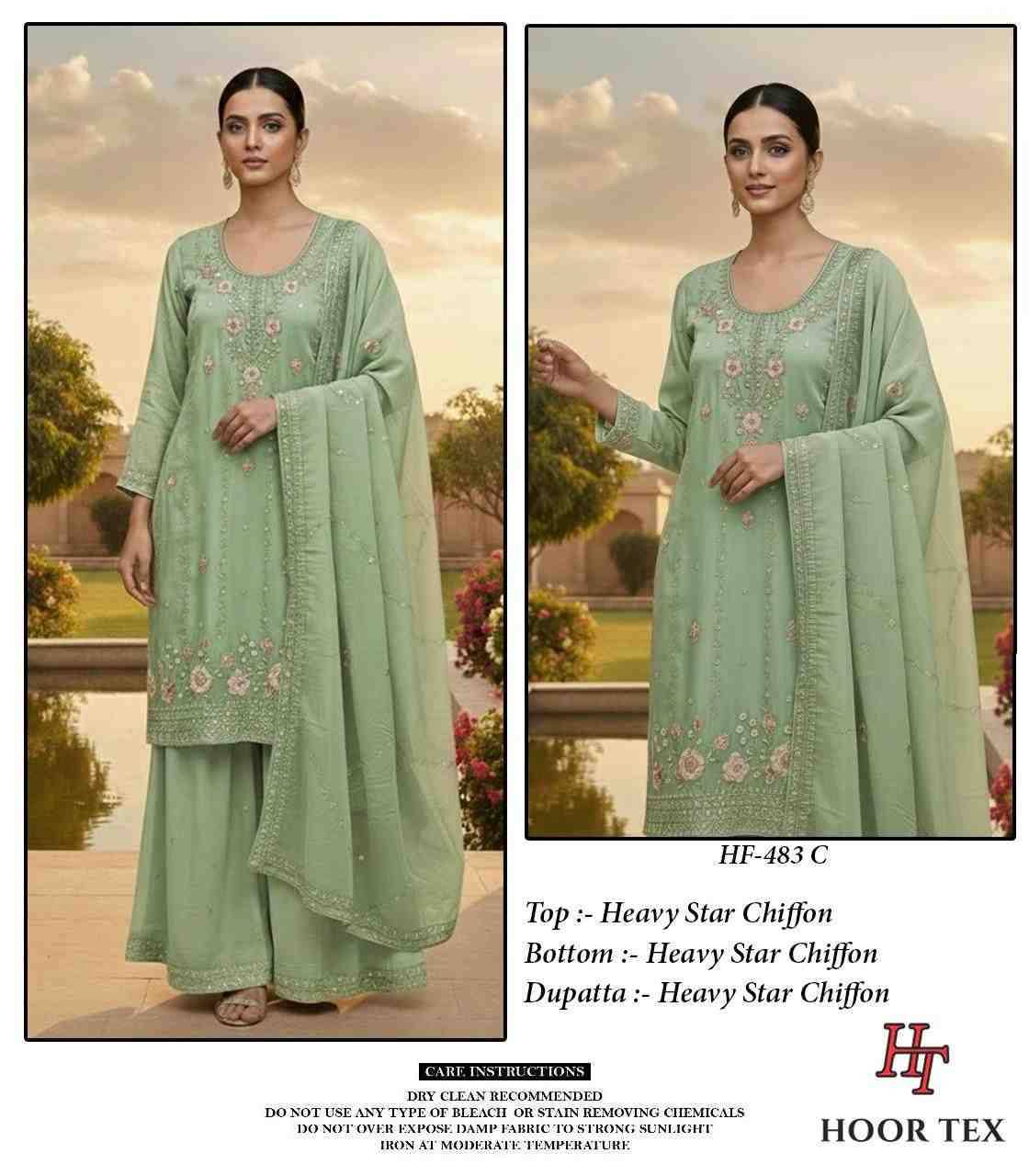 Hoor Tex Hit Design HF-483 Colours By Hoor Tex HF-483-A To HF-483-D Series Designer Festive Pakistani Suits Collection Beautiful Stylish Fancy Colorful Party Wear & Occasional Wear Heavy Chiffon With Embroidered Dresses At Wholesale Price