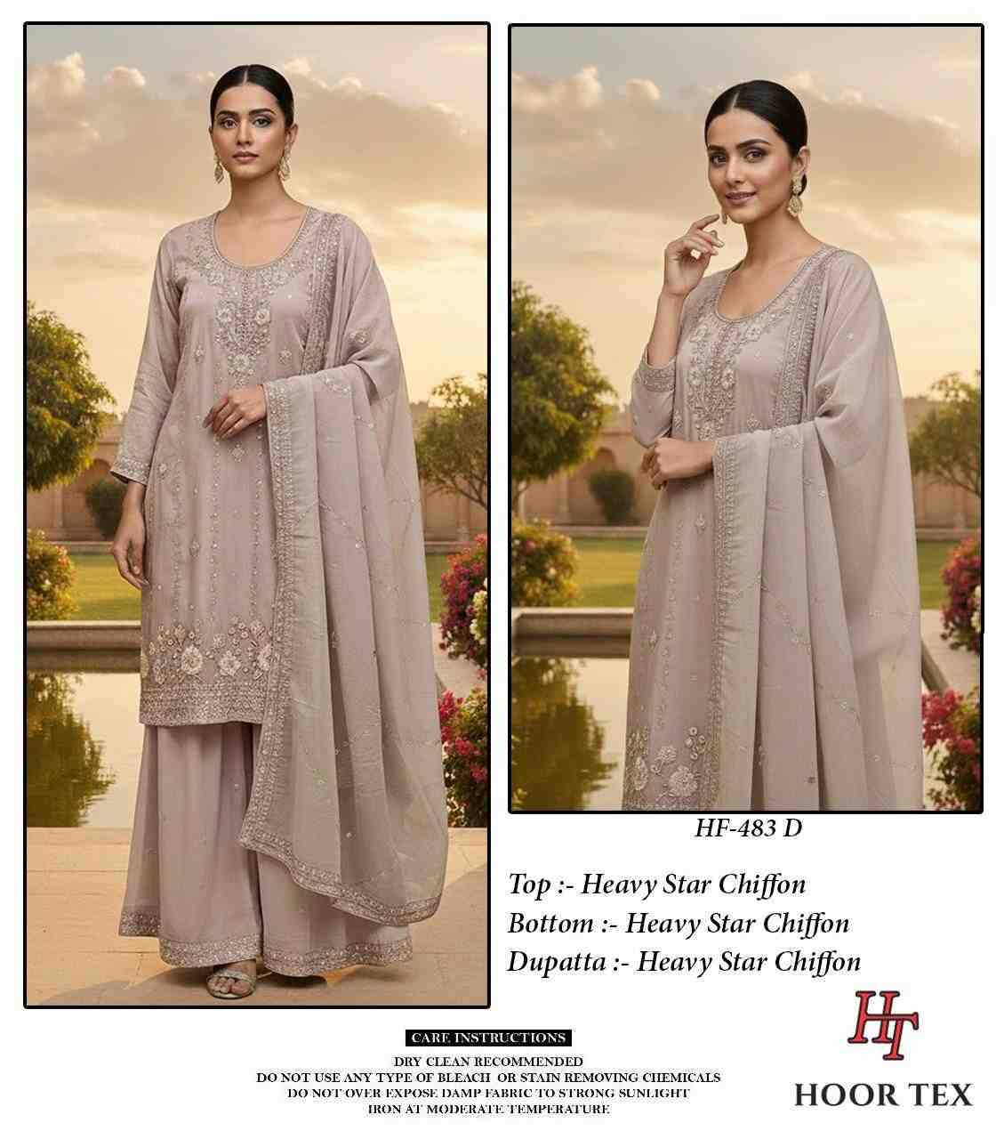 Hoor Tex Hit Design HF-483 Colours By Hoor Tex HF-483-A To HF-483-D Series Designer Festive Pakistani Suits Collection Beautiful Stylish Fancy Colorful Party Wear & Occasional Wear Heavy Chiffon With Embroidered Dresses At Wholesale Price