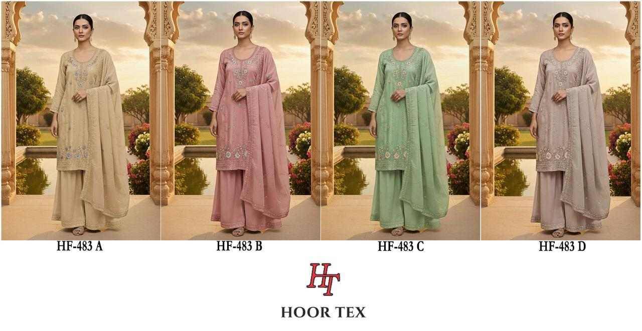 Hoor Tex Hit Design HF-483 Colours By Hoor Tex HF-483-A To HF-483-D Series Designer Festive Pakistani Suits Collection Beautiful Stylish Fancy Colorful Party Wear & Occasional Wear Heavy Chiffon With Embroidered Dresses At Wholesale Price