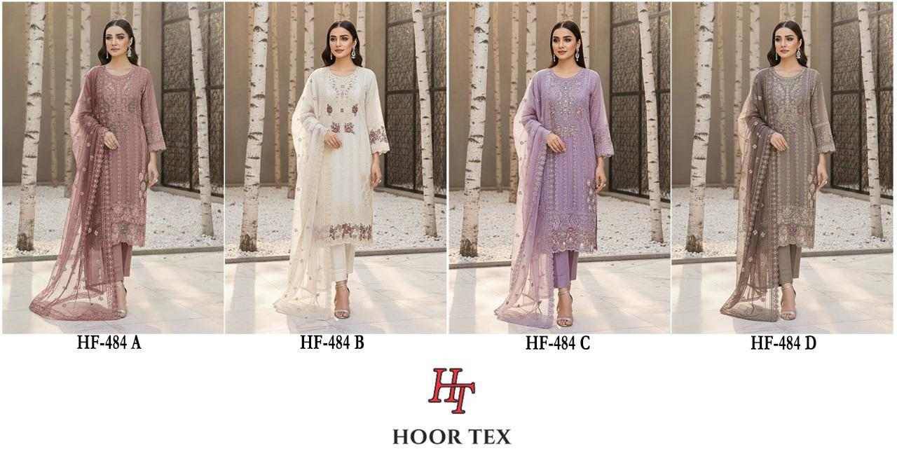 Hoor Tex Hit Design HF-484 Colours By Hoor Tex HF-484-A To HF-484-D Series Designer Festive Pakistani Suits Collection Beautiful Stylish Fancy Colorful Party Wear & Occasional Wear Heavy Organza With Embroidered Dresses At Wholesale Price