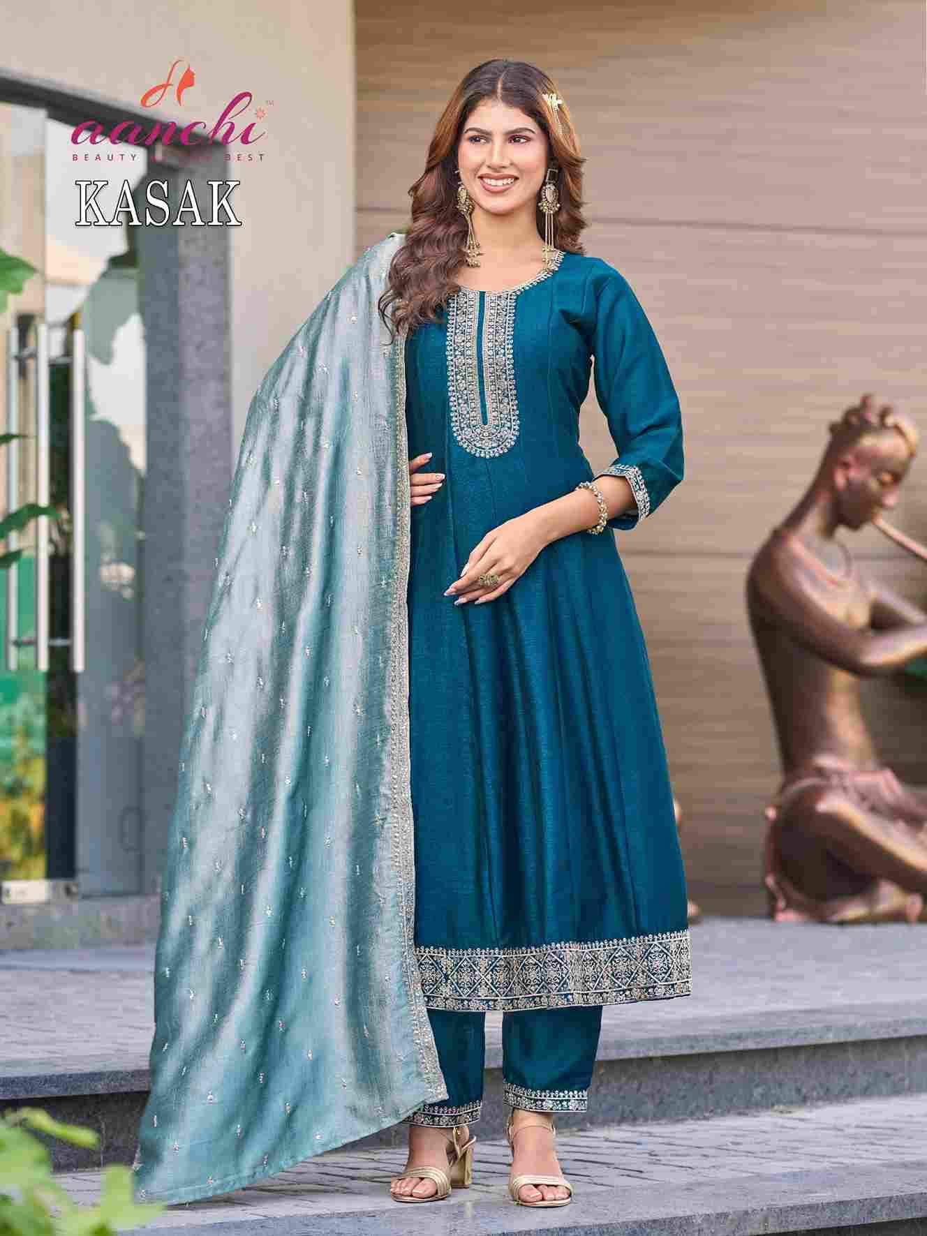 Kasak By Aanchi 1001 To 1004 Series Beautiful Stylish Festive Suits Fancy Colorful Casual Wear & Ethnic Wear & Ready To Wear Vichitra Silk Dresses At Wholesale Price