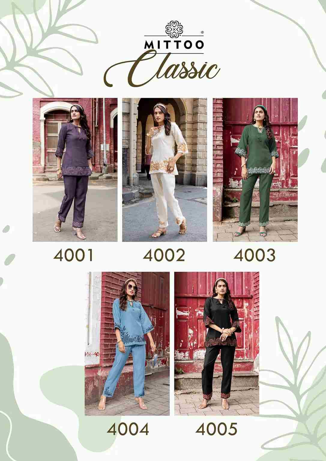 Classic By Mittoo 4001 To 4005 Series Designer Stylish Fancy Colorful Beautiful Party Wear & Ethnic Wear Collection Viscose Dobby Co-Ords At Wholesale Price