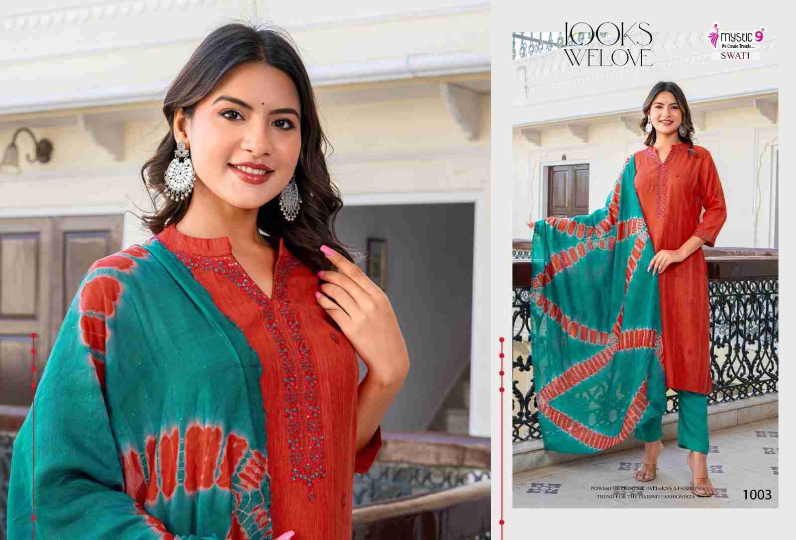 Swati Vol-1 By Mystic 9 1001 To 1008 Series Beautiful Suits Colorful Stylish Fancy Casual Wear & Ethnic Wear Premium Rayon Dresses At Wholesale Price