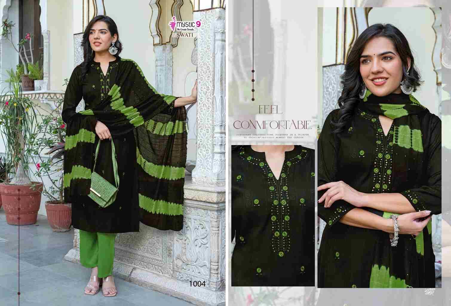 Swati Vol-1 By Mystic 9 1001 To 1008 Series Beautiful Suits Colorful Stylish Fancy Casual Wear & Ethnic Wear Premium Rayon Dresses At Wholesale Price