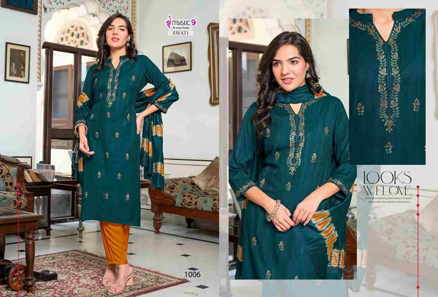 Swati Vol-1 By Mystic 9 1001 To 1008 Series Beautiful Suits Colorful Stylish Fancy Casual Wear & Ethnic Wear Premium Rayon Dresses At Wholesale Price