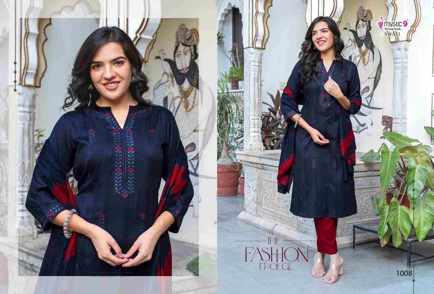 Swati Vol-1 By Mystic 9 1001 To 1008 Series Beautiful Suits Colorful Stylish Fancy Casual Wear & Ethnic Wear Premium Rayon Dresses At Wholesale Price