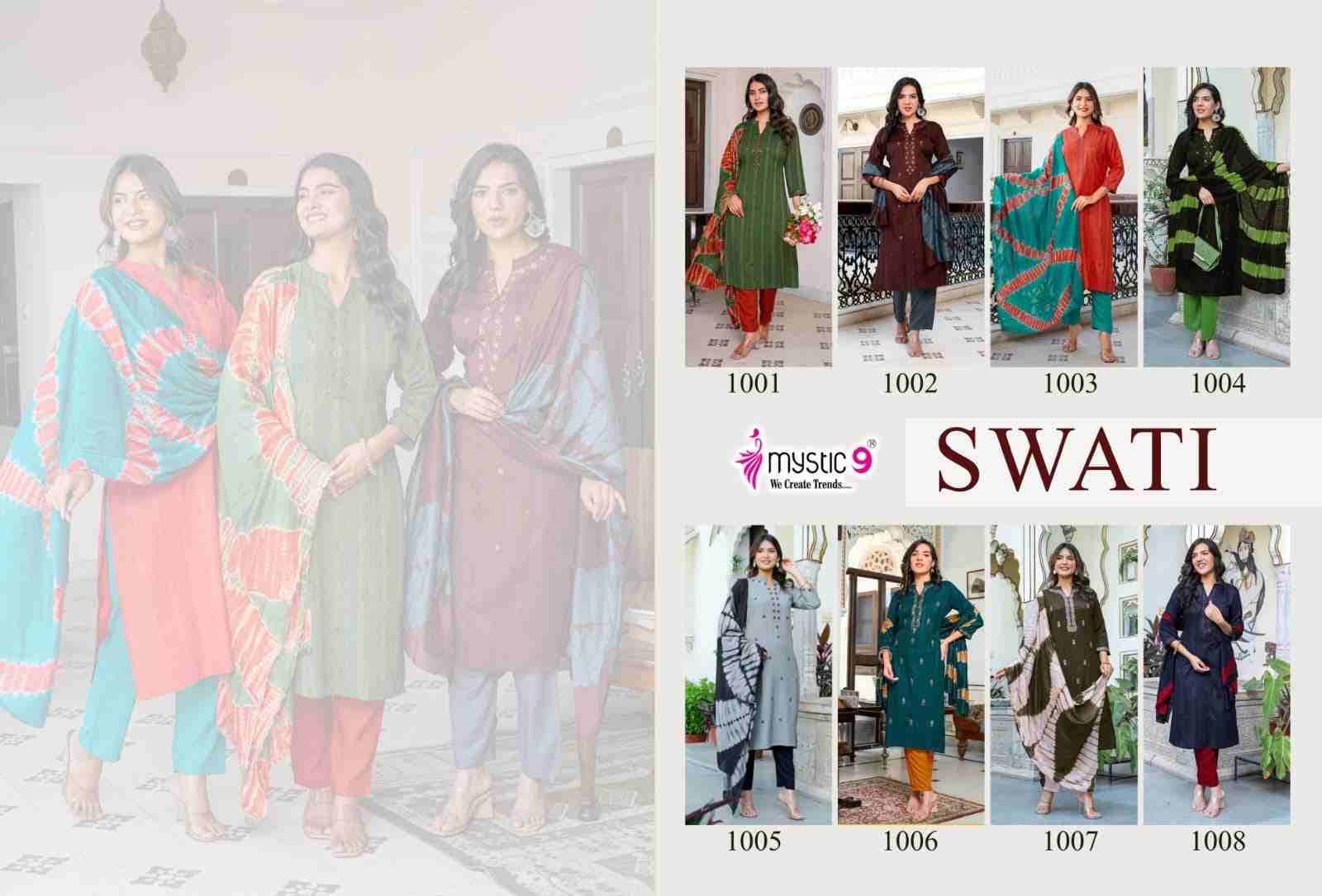 Swati Vol-1 By Mystic 9 1001 To 1008 Series Beautiful Suits Colorful Stylish Fancy Casual Wear & Ethnic Wear Premium Rayon Dresses At Wholesale Price
