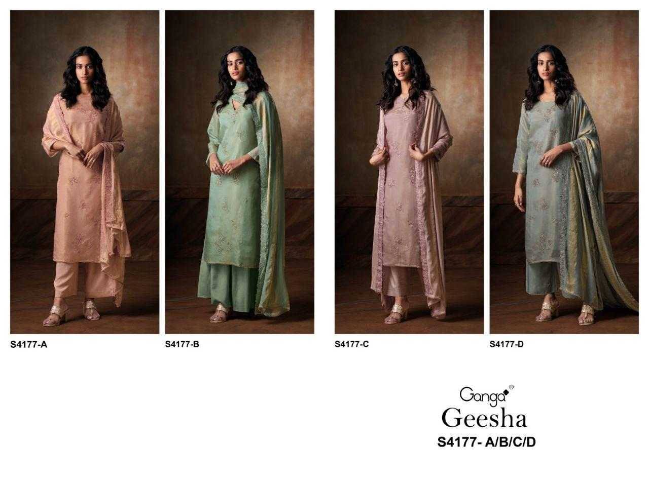 Geesha-4177 By Ganga Fashion 4177-A To 4177-D Series Beautiful Festive Suits Stylish Colorful Fancy Casual Wear & Ethnic Wear Premium Bemberg Silk Jacquard Print Dresses At Wholesale Price