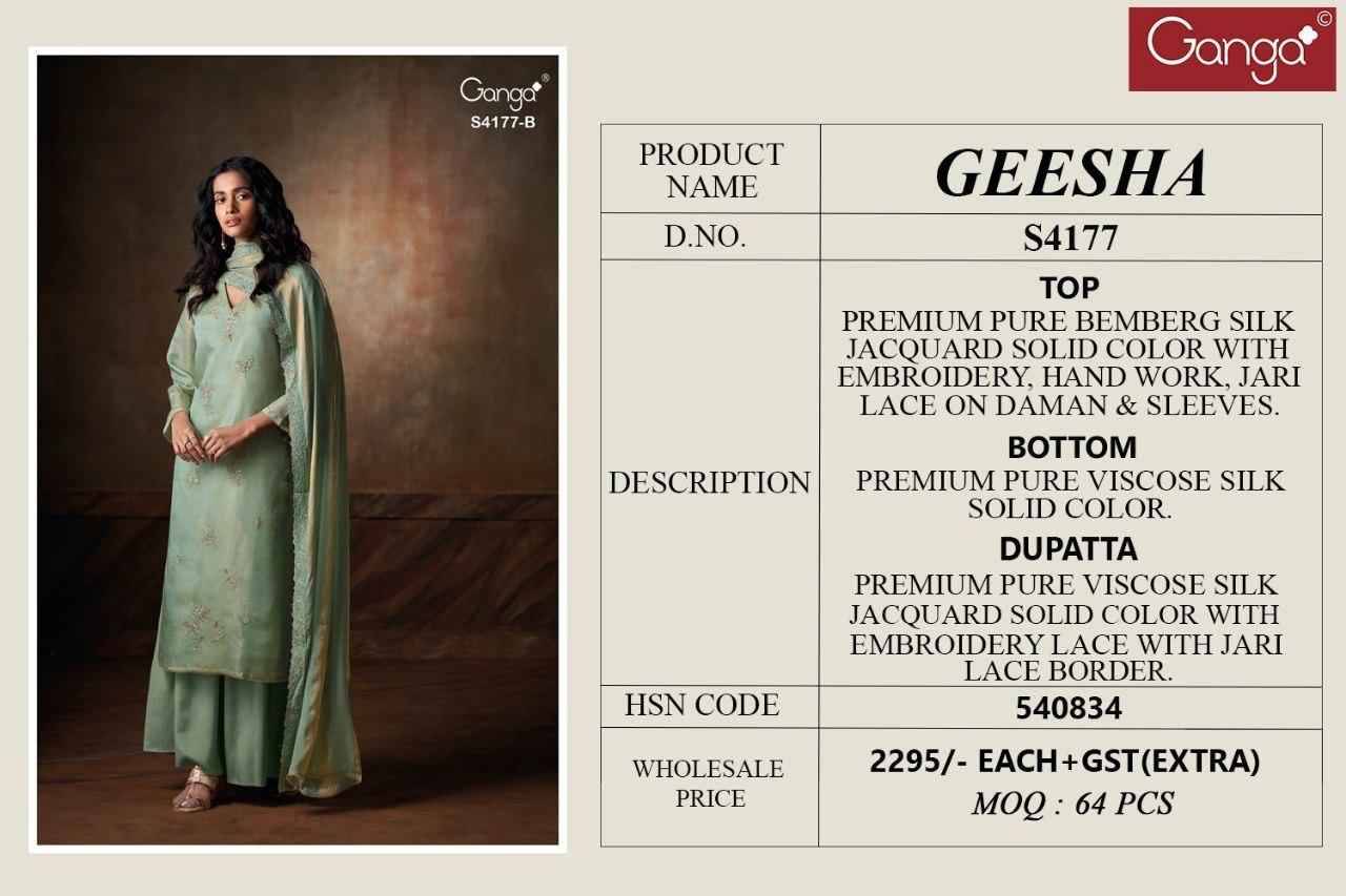 Geesha-4177 By Ganga Fashion 4177-A To 4177-D Series Beautiful Festive Suits Stylish Colorful Fancy Casual Wear & Ethnic Wear Premium Bemberg Silk Jacquard Print Dresses At Wholesale Price