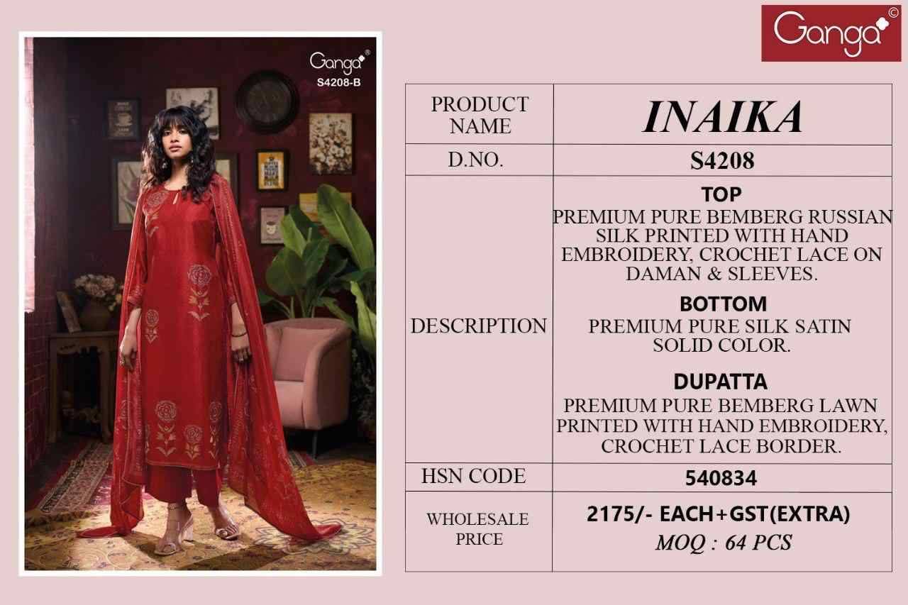 Inaika-4208 By Ganga Fashion 4208-A To 4208-D Series Beautiful Festive Suits Stylish Colorful Fancy Casual Wear & Ethnic Wear Premium Bemberg Silk Print Dresses At Wholesale Price