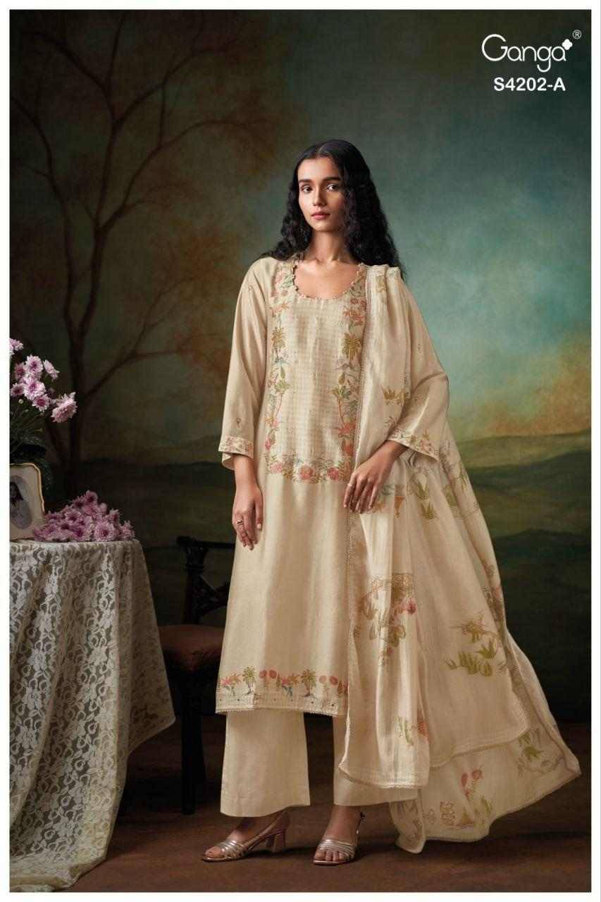 Giena-4202 By Ganga Fashion 4202-A To 4202-D Series Beautiful Festive Suits Stylish Colorful Fancy Casual Wear & Ethnic Wear Premium Bemberg Silk Print Dresses At Wholesale Price