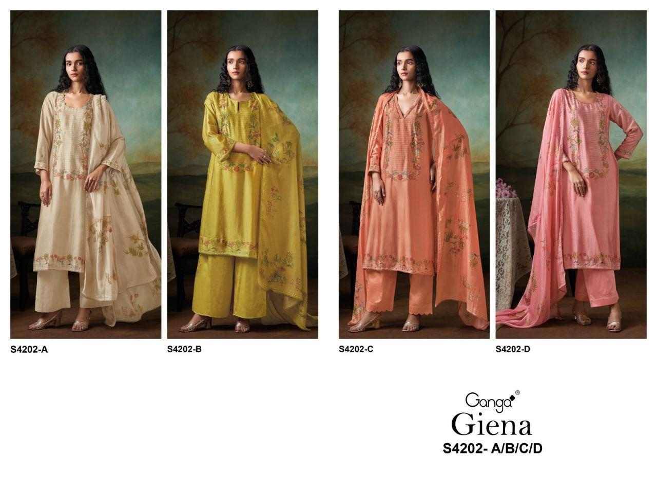 Giena-4202 By Ganga Fashion 4202-A To 4202-D Series Beautiful Festive Suits Stylish Colorful Fancy Casual Wear & Ethnic Wear Premium Bemberg Silk Print Dresses At Wholesale Price