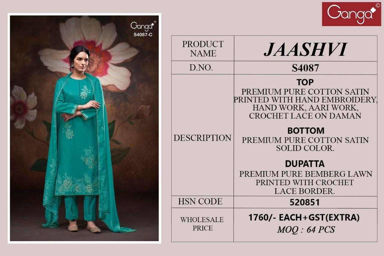 Jaashvi-4087 By Ganga Fashion 4087-A To 4087-D Series Beautiful Festive Suits Colorful Stylish Fancy Casual Wear & Ethnic Wear Pure Cotton Satin Dresses At Wholesale Price