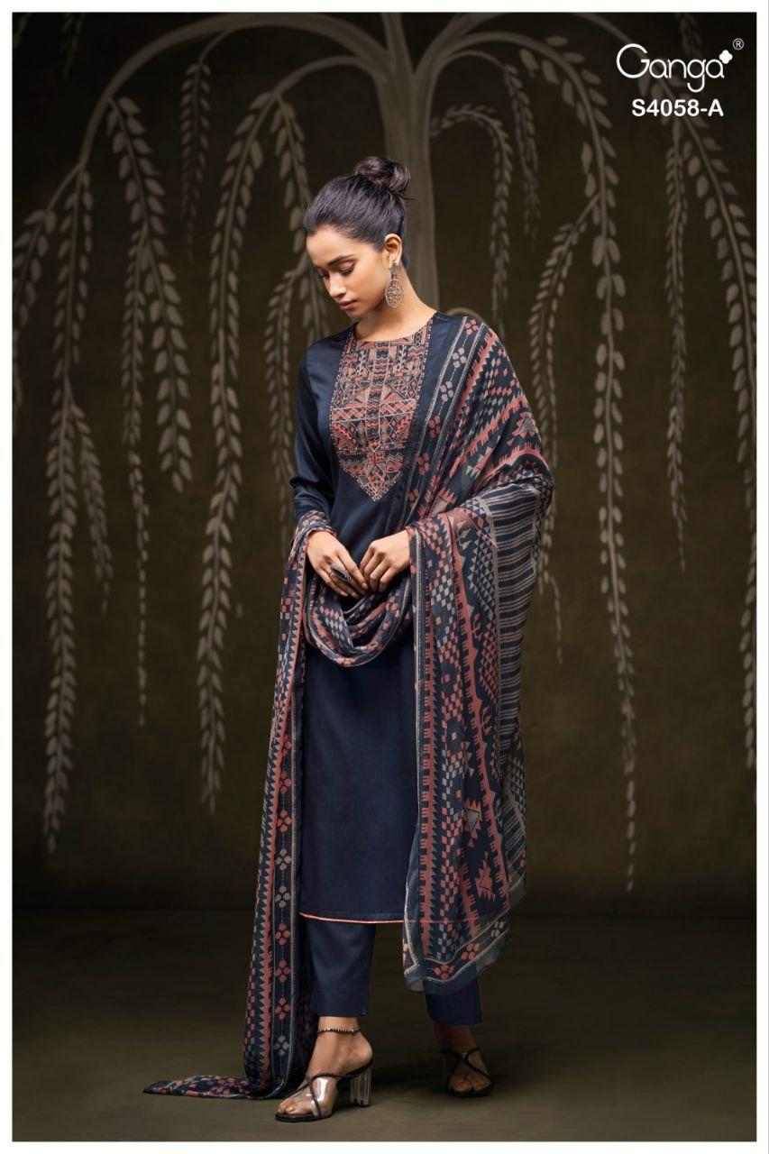 Annerie-4058 By Ganga Fashion 4058-A To 4058-D Series Beautiful Festive Suits Colorful Stylish Fancy Casual Wear & Ethnic Wear Pure Cotton Satin Dresses At Wholesale Price