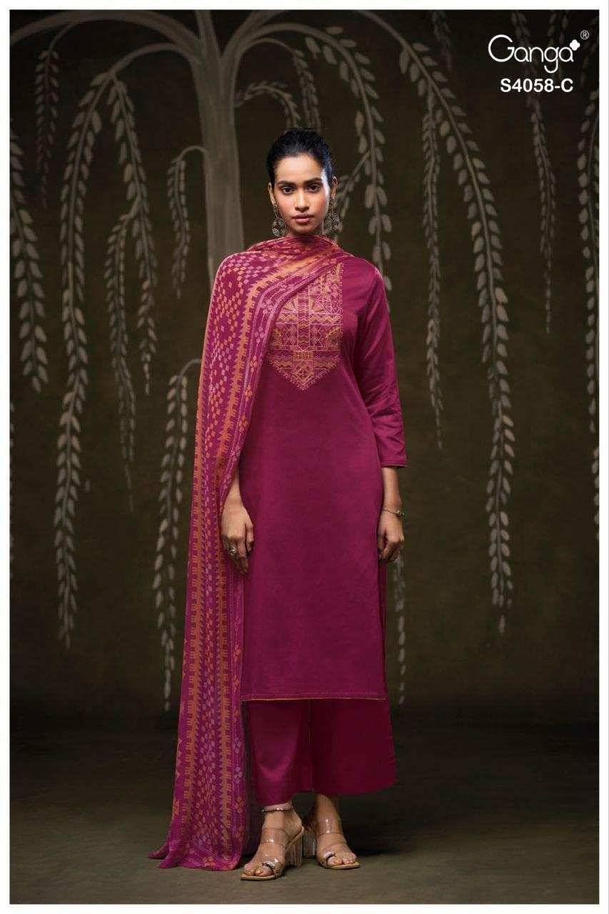 Annerie-4058 By Ganga Fashion 4058-A To 4058-D Series Beautiful Festive Suits Colorful Stylish Fancy Casual Wear & Ethnic Wear Pure Cotton Satin Dresses At Wholesale Price