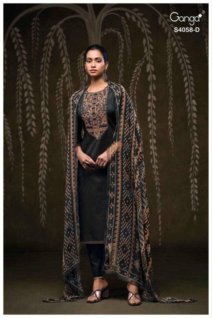 Annerie-4058 By Ganga Fashion 4058-A To 4058-D Series Beautiful Festive Suits Colorful Stylish Fancy Casual Wear & Ethnic Wear Pure Cotton Satin Dresses At Wholesale Price