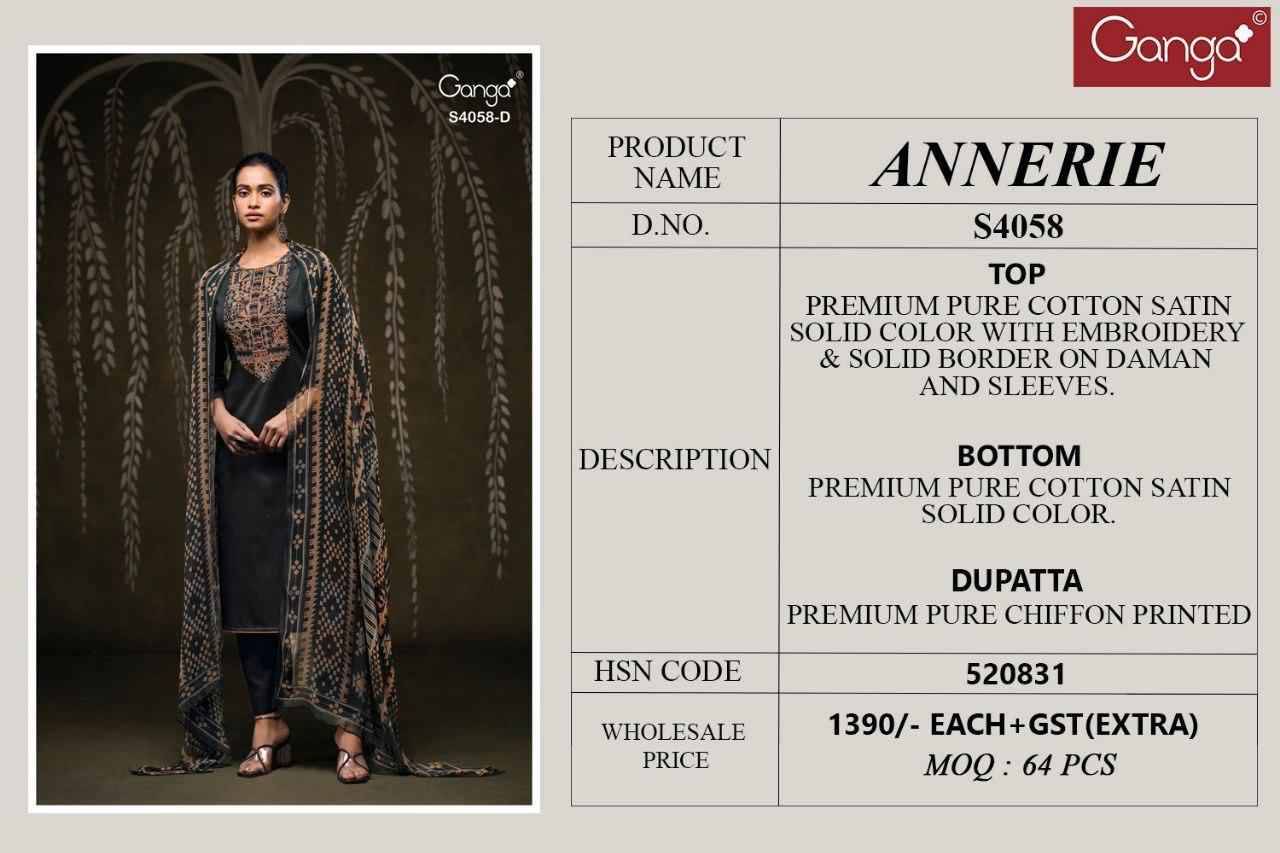 Annerie-4058 By Ganga Fashion 4058-A To 4058-D Series Beautiful Festive Suits Colorful Stylish Fancy Casual Wear & Ethnic Wear Pure Cotton Satin Dresses At Wholesale Price
