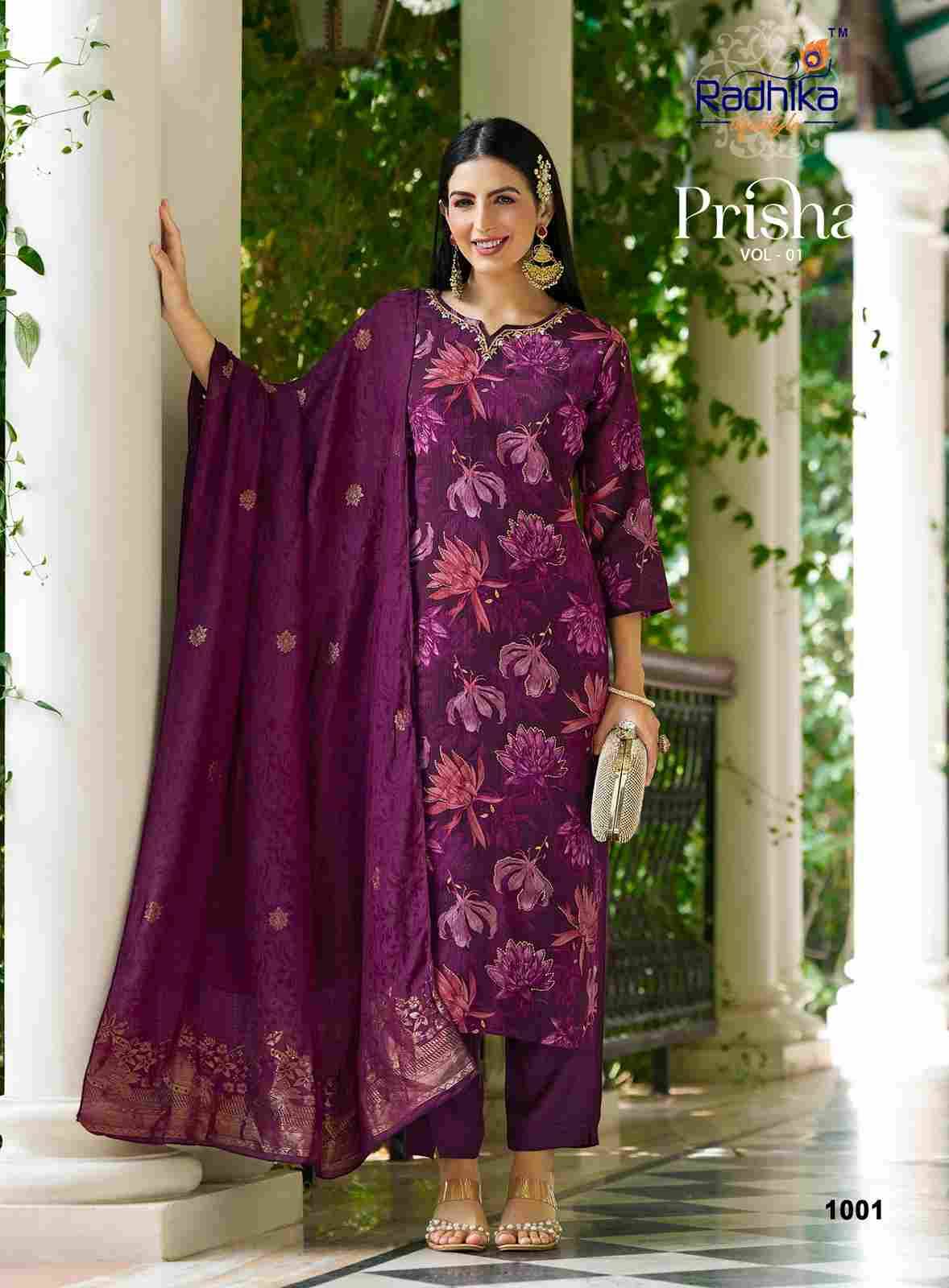 Prisha Vol-1 By Radhika Lifestyle 1001 To 1006 Series Designer Festive Suits Beautiful Stylish Fancy Colorful Party Wear & Occasional Wear Milano Dresses At Wholesale Price