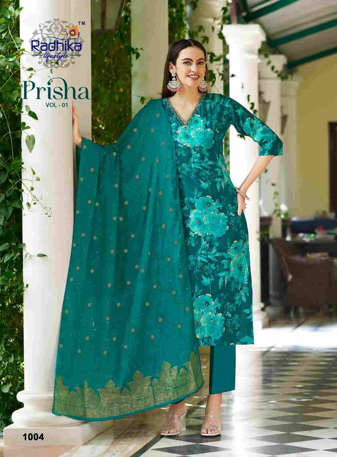 Prisha Vol-1 By Radhika Lifestyle 1001 To 1006 Series Designer Festive Suits Beautiful Stylish Fancy Colorful Party Wear & Occasional Wear Milano Dresses At Wholesale Price