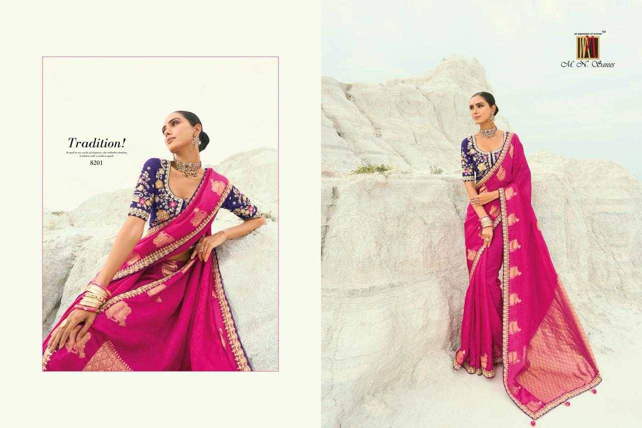 Shahi Poshak Vol-7 By M.N. Sarees 8201 To 8208 Series Indian Traditional Wear Collection Beautiful Stylish Fancy Colorful Party Wear & Occasional Wear Viscose Organza Sarees At Wholesale Price