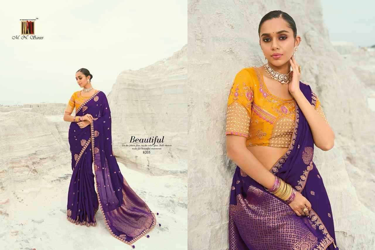 Shahi Poshak Vol-7 By M.N. Sarees 8201 To 8208 Series Indian Traditional Wear Collection Beautiful Stylish Fancy Colorful Party Wear & Occasional Wear Viscose Organza Sarees At Wholesale Price
