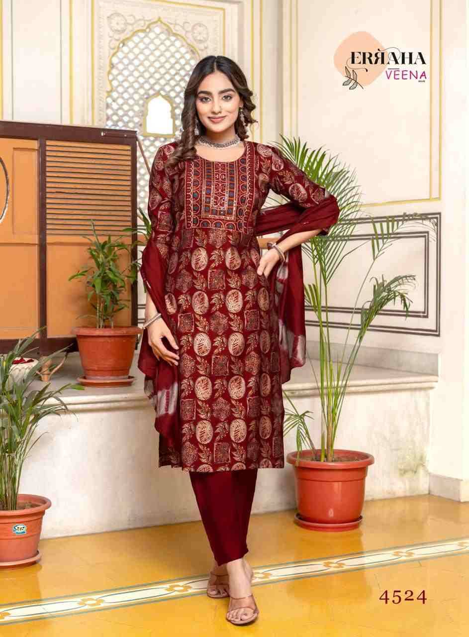 Veena Vol-3 By Erraha 4521 To 4528 Series Festive Suits Collection Beautiful Stylish Fancy Colorful Party Wear & Occasional Wear Vertican Dresses At Wholesale Price