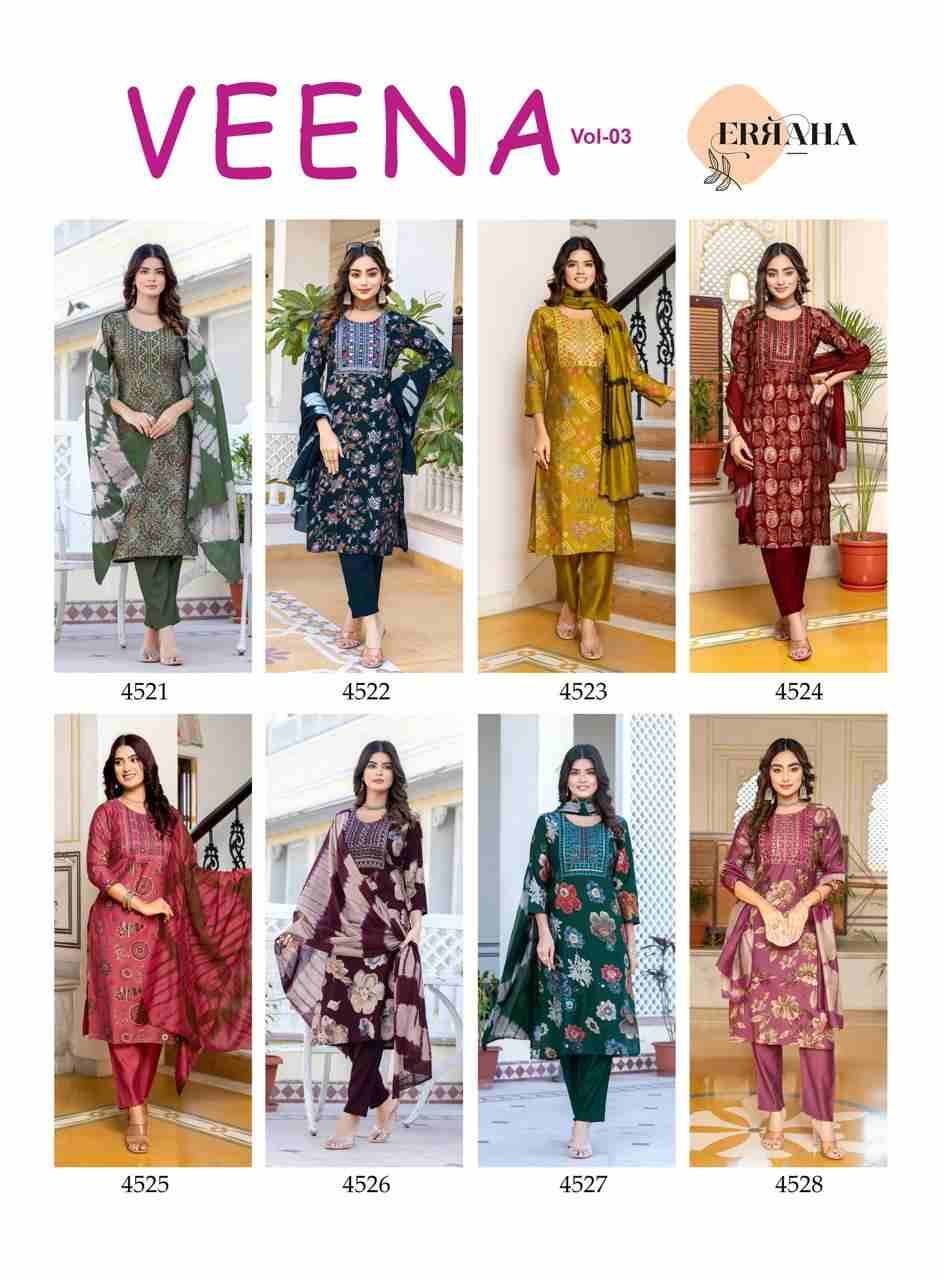 Veena Vol-3 By Erraha 4521 To 4528 Series Festive Suits Collection Beautiful Stylish Fancy Colorful Party Wear & Occasional Wear Vertican Dresses At Wholesale Price