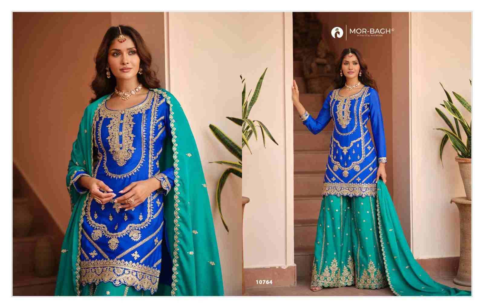 Richa By Mor-Bagh 10763 To 10765 Series Beautiful Sharara Suits Colorful Stylish Fancy Casual Wear & Ethnic Wear Chinnon Silk With Work Dresses At Wholesale Price